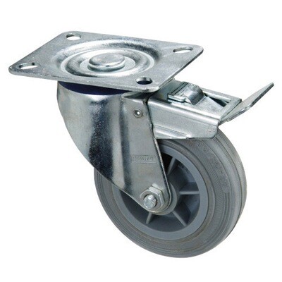 Rueda Industrial Goma Gris Placa con freno 100 mm.