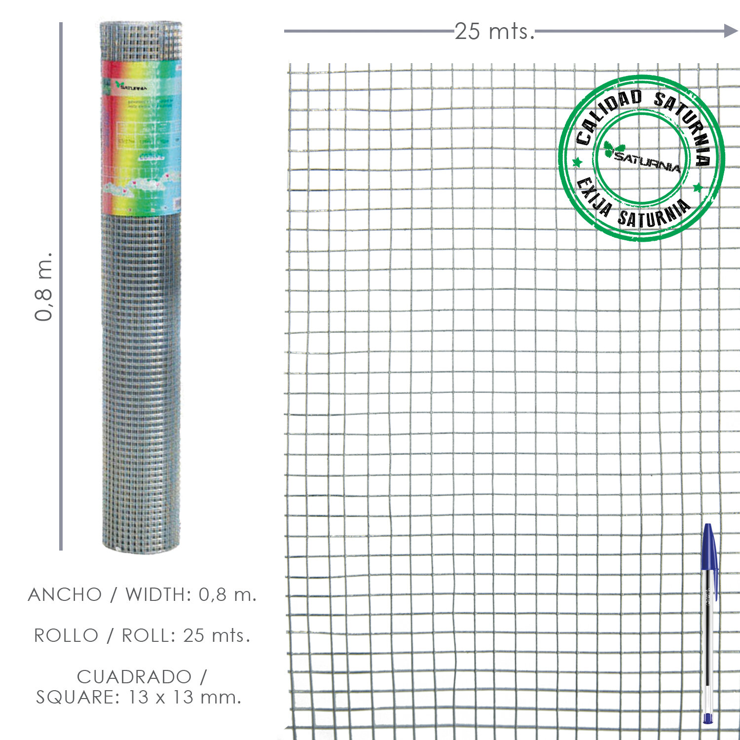 Malla Electrosoldada Galvanizada 13x13 / 80 cm. Rollo 25 Metros Uso Domestico