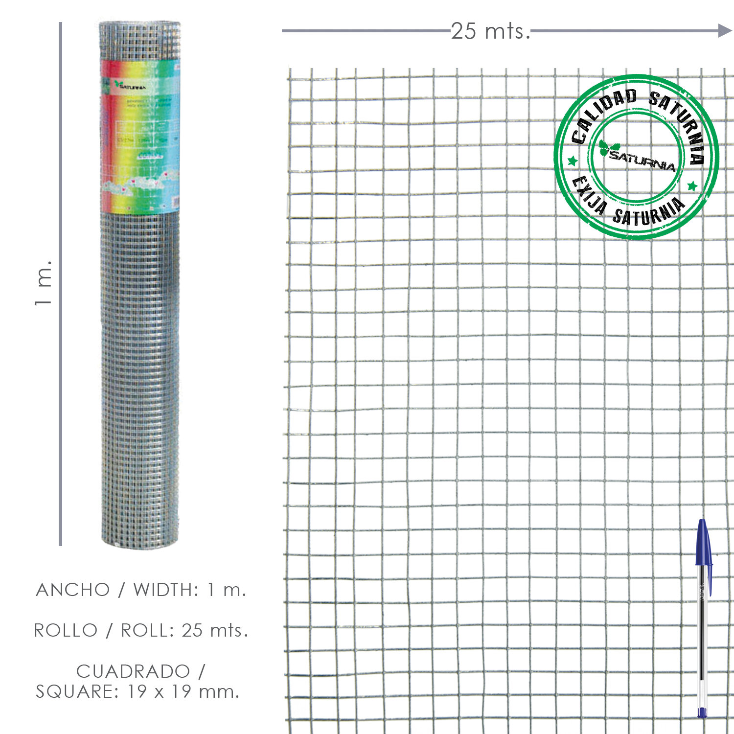 Malla Electrosoldada Galvanizada 19x19 / 100 cm. rollo 25 Metros Uso Domestico