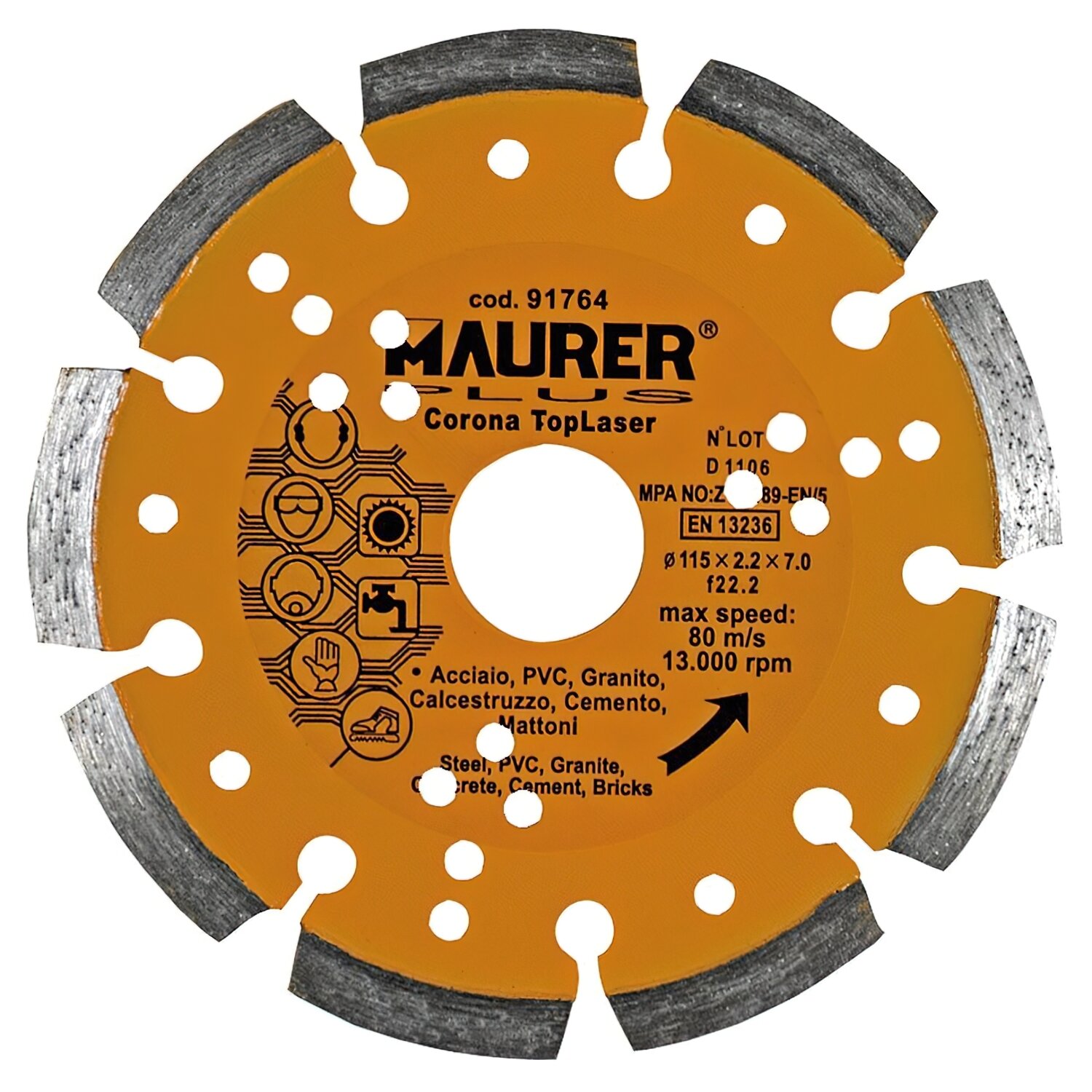 Disco Diamante Maurer Segmentado Laser Acero, PVC, Hormig�n, Granito 115 mm.