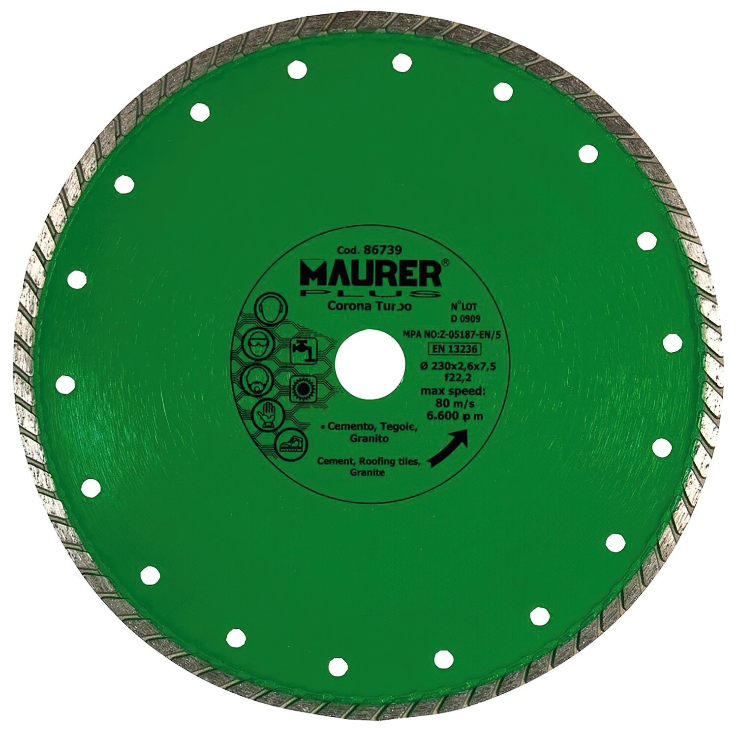 Disco Diamante Maurer Continuo Turbo Cemento, Tejas, Granito 230 mm.