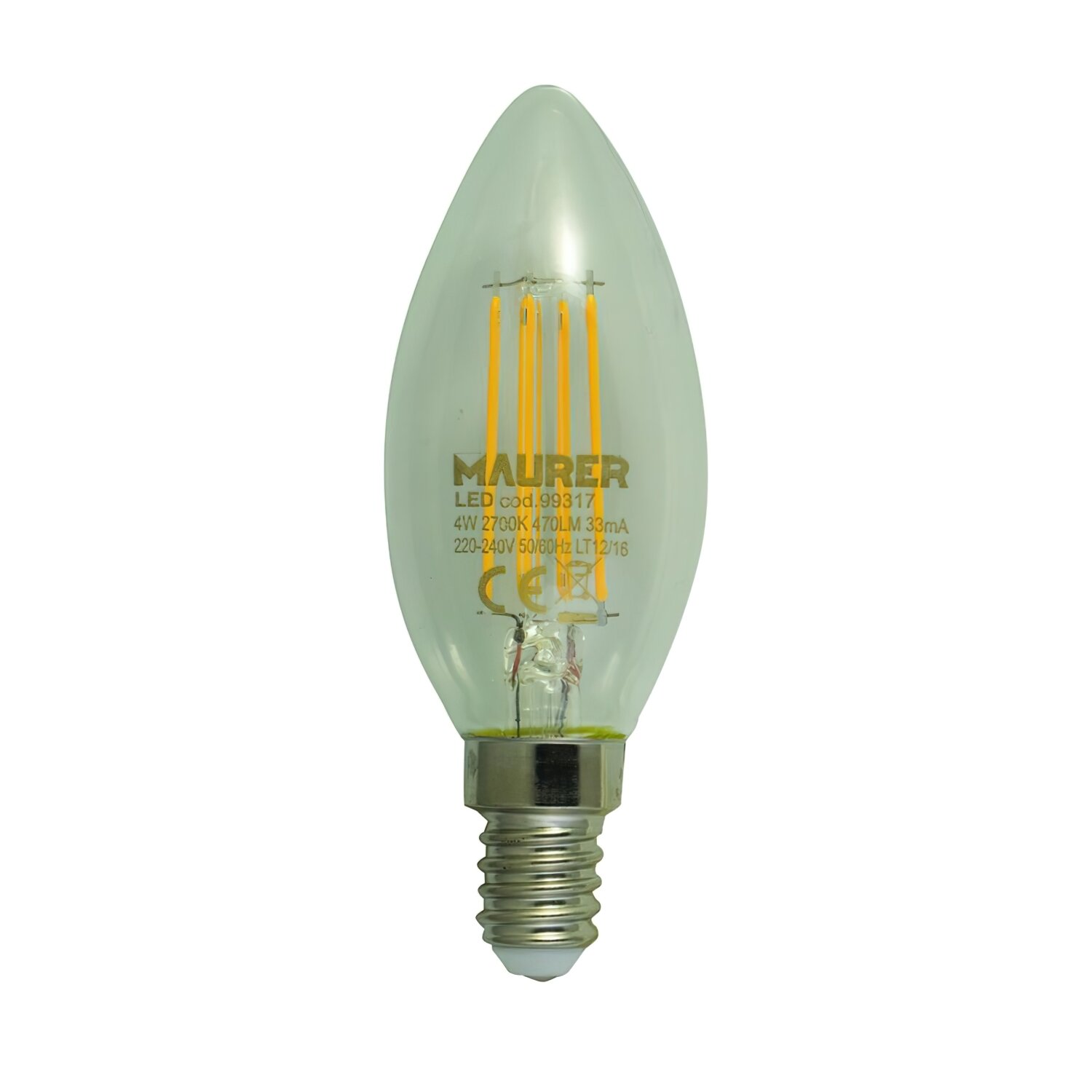 Bombilla Led Filamento Vela E14.  4 W.=40 W. 470 L�menes. Luz calida. (3000�K).