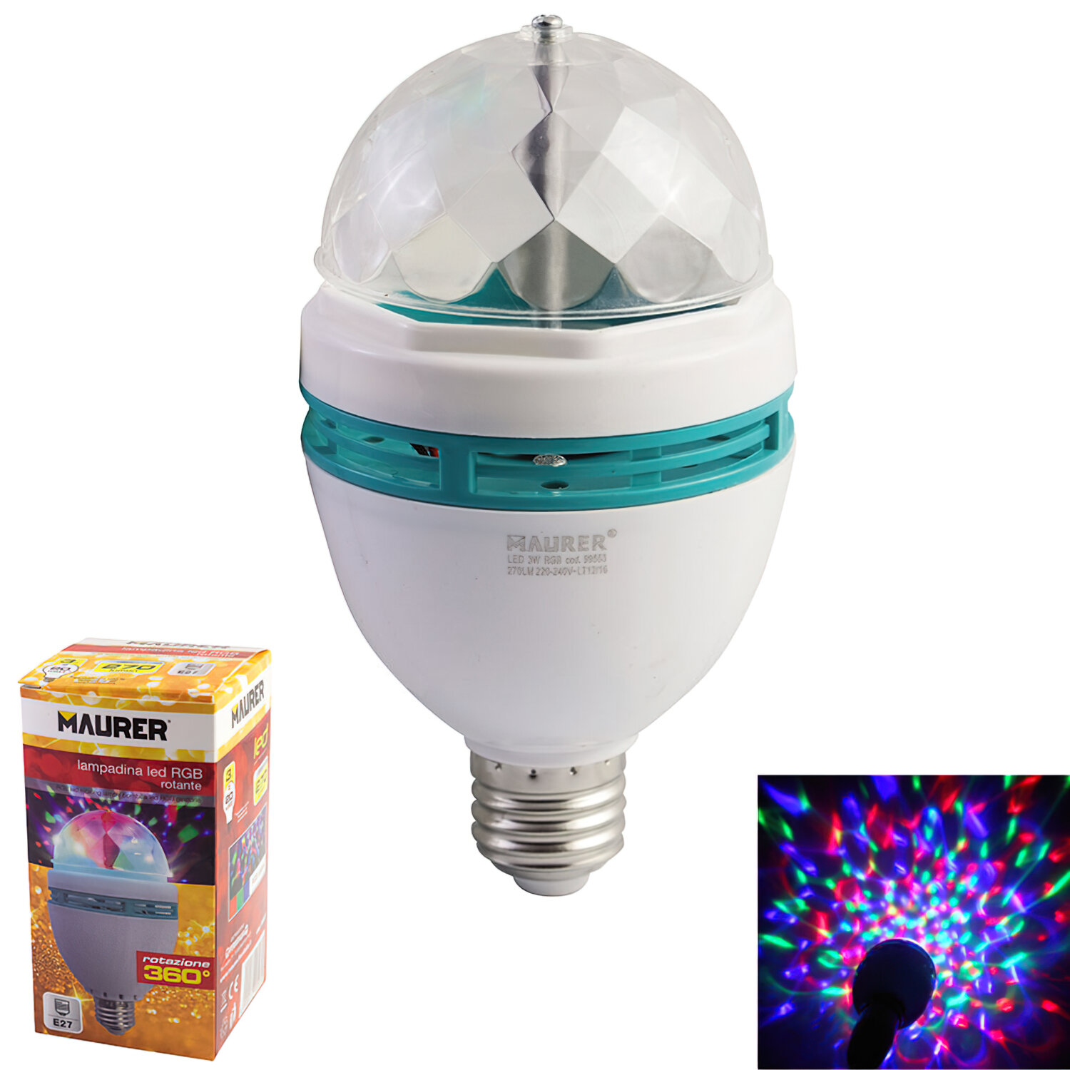 Bombilla Led Disco Rotativa E27 3W. 270 lumenes. Color: rojo, verde y azul.