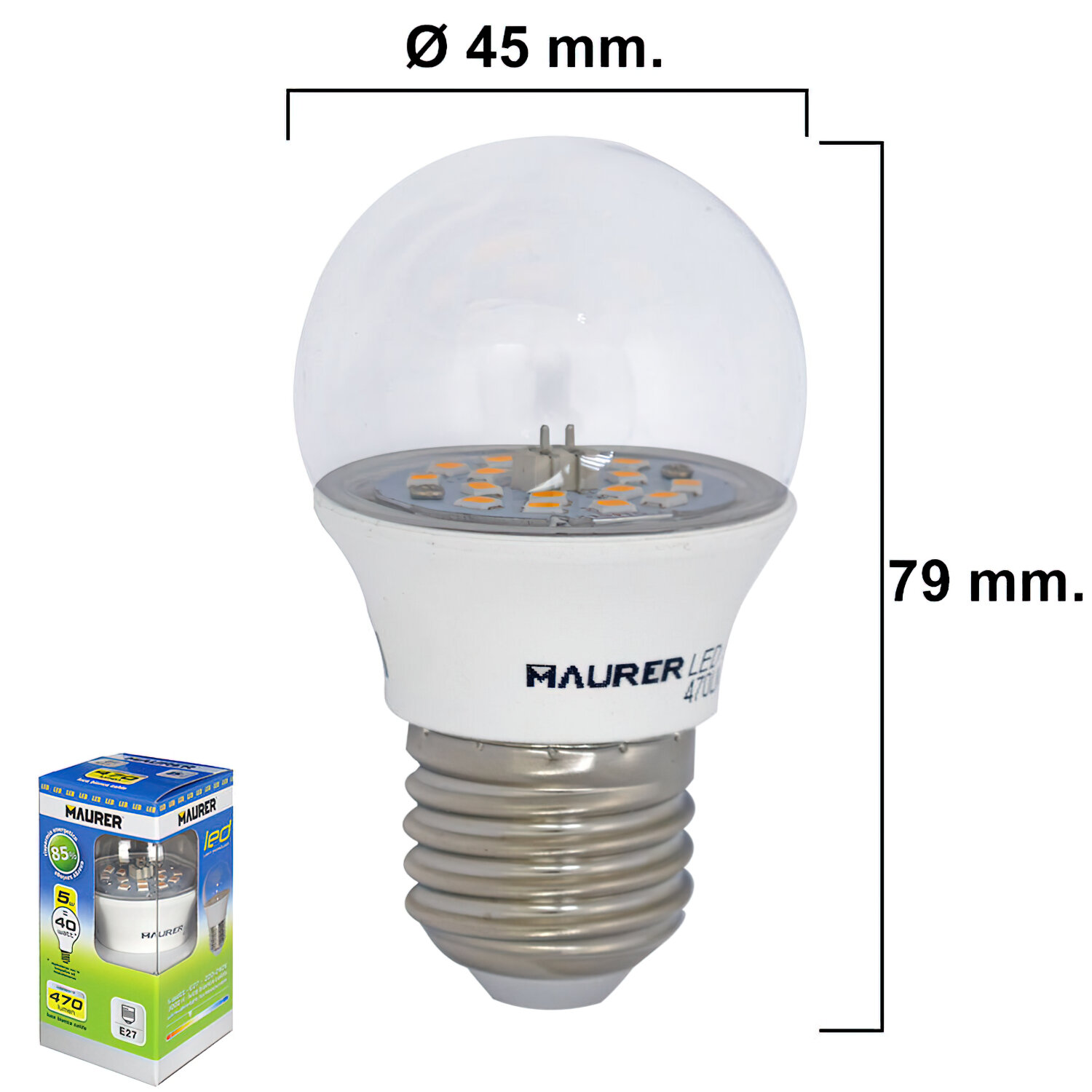 Bombilla Led Esferica Transparente Rosca E27 5 W.= 40 W. 470 l�menes.Luz calida. (3000�K).