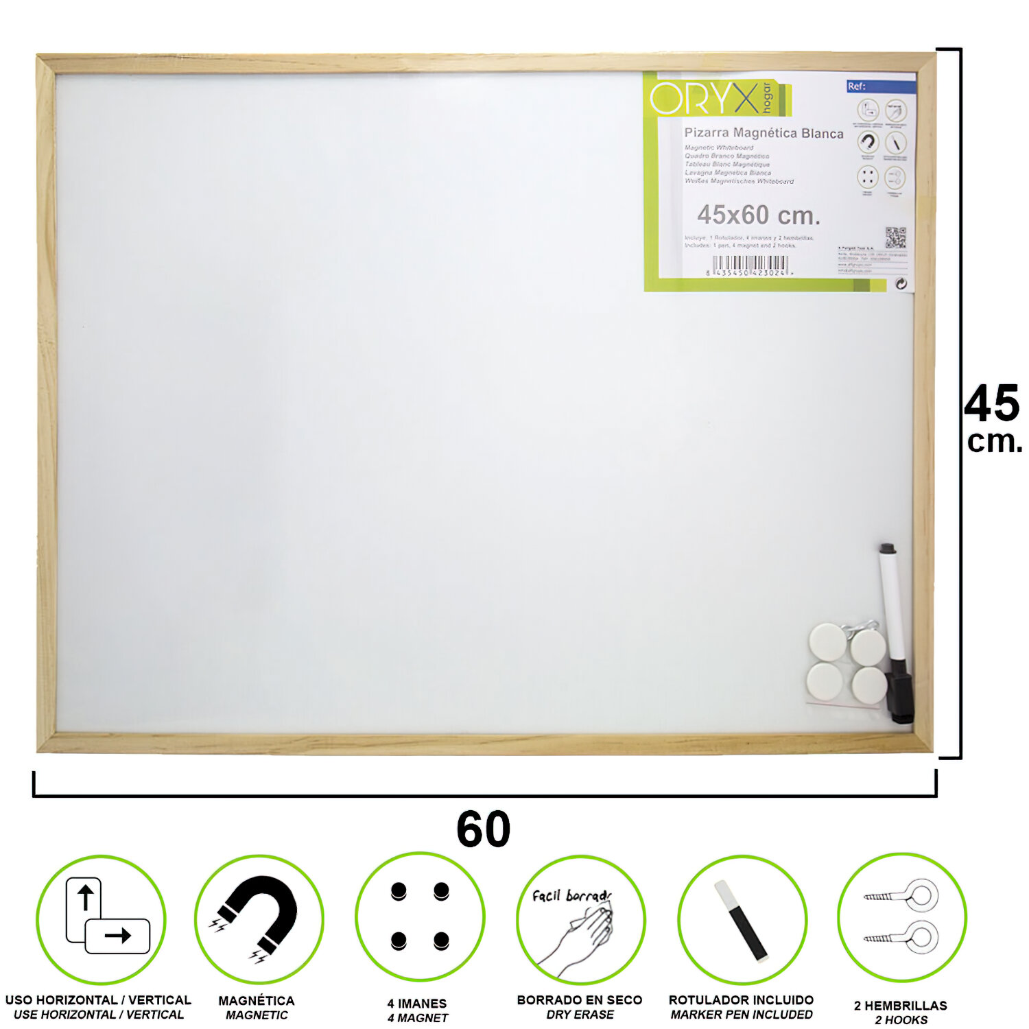 Pizarra Magnetica Blanca 45x60 cm. Con Rotulador y 4 Im�nes