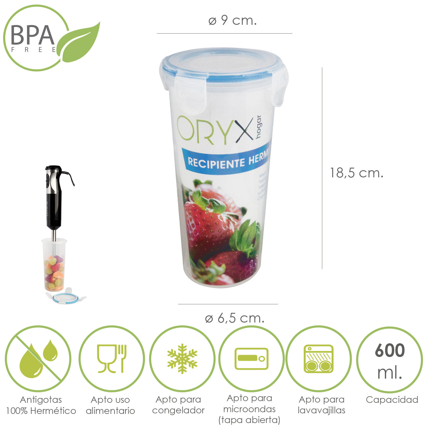 Vaso Recipiente Hermetico Medidor Plastico Redondo 600 ml. � 9x18.5 (Alt.) cm.
