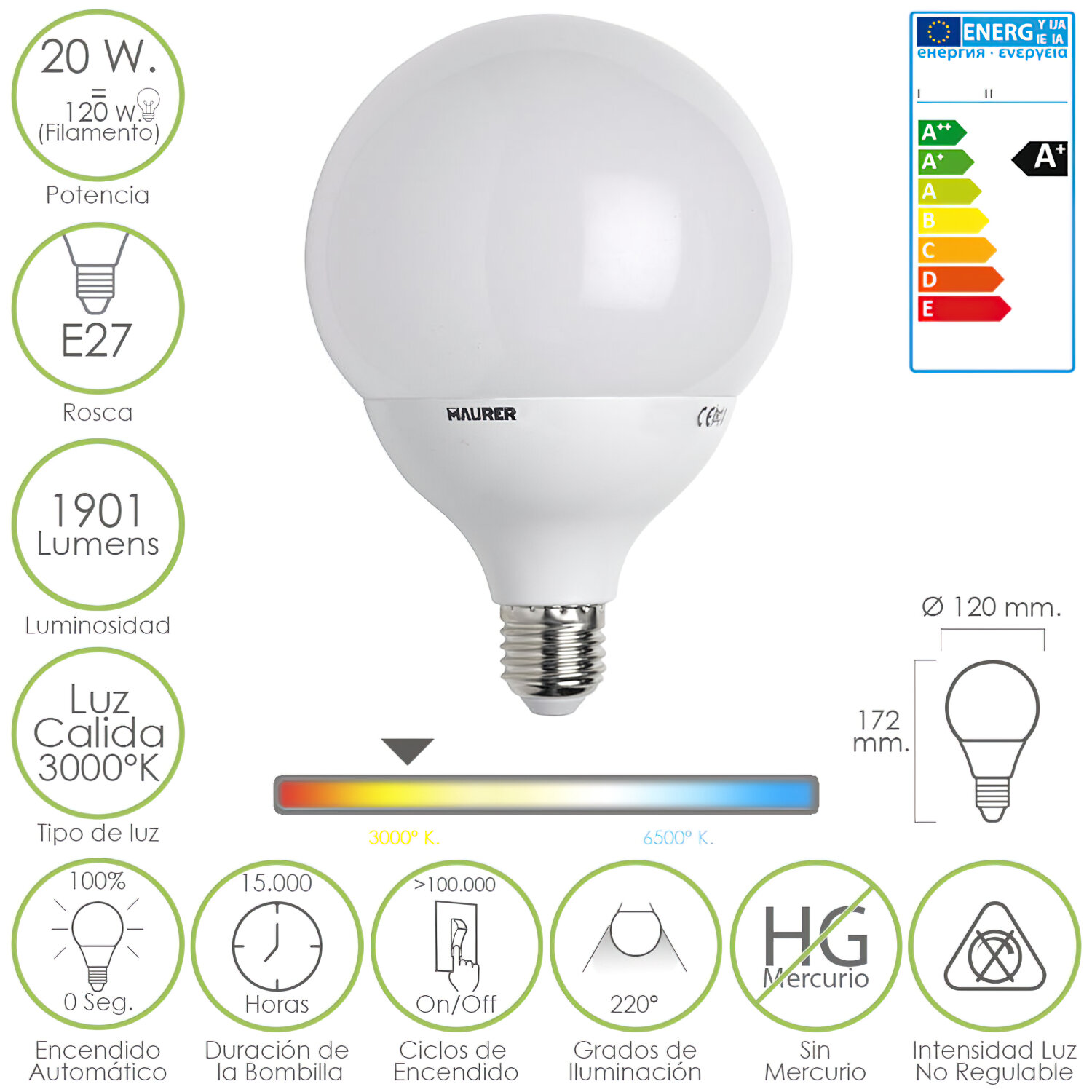 Bombilla Led Globo E27.  20 W. = 120 W. 1901 l�menes. Luz calida. (3000�K).