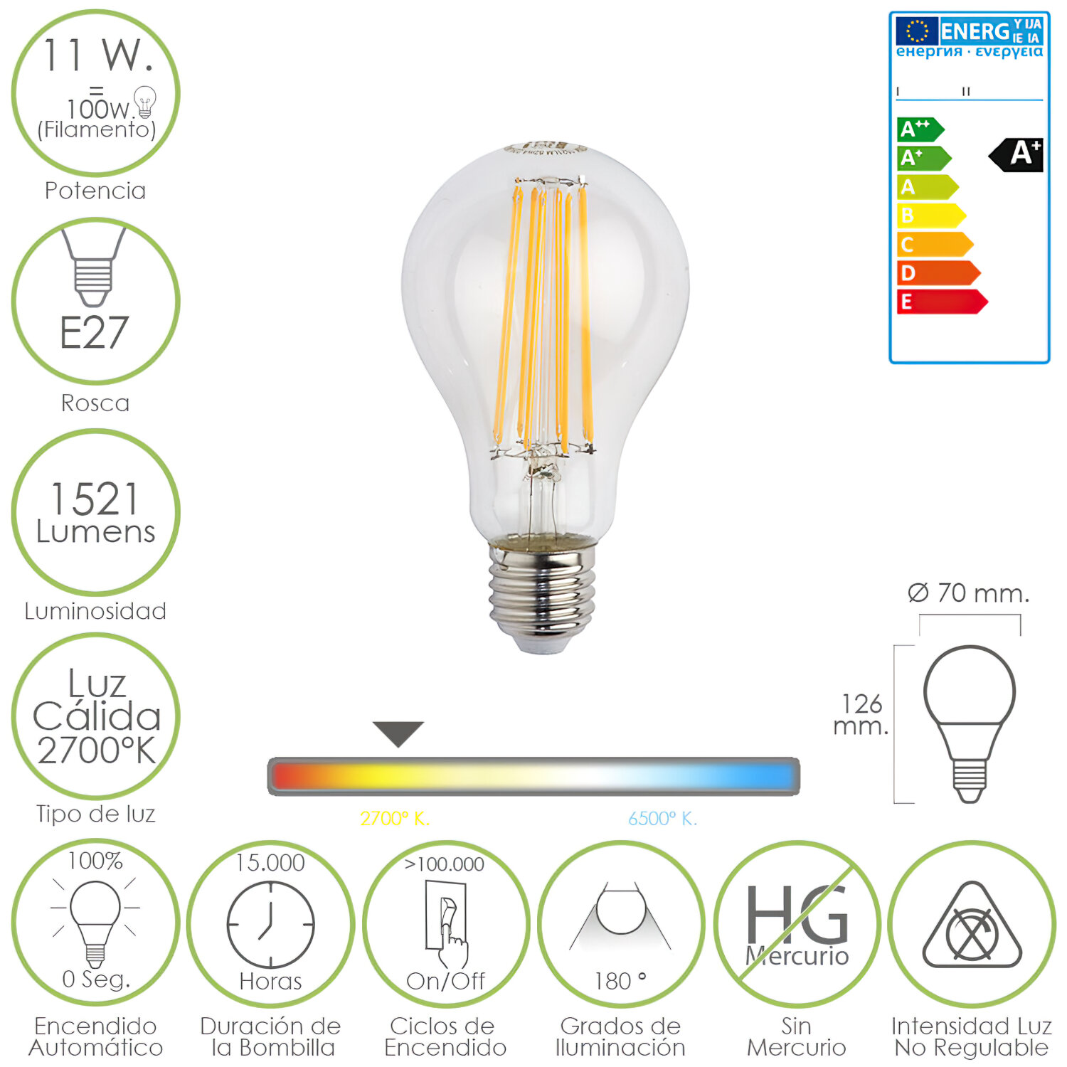 Bombilla Led Filamento Standar E27.  11 W. = 100 W. 1521 L�menes. Luz calida. (2700�K).