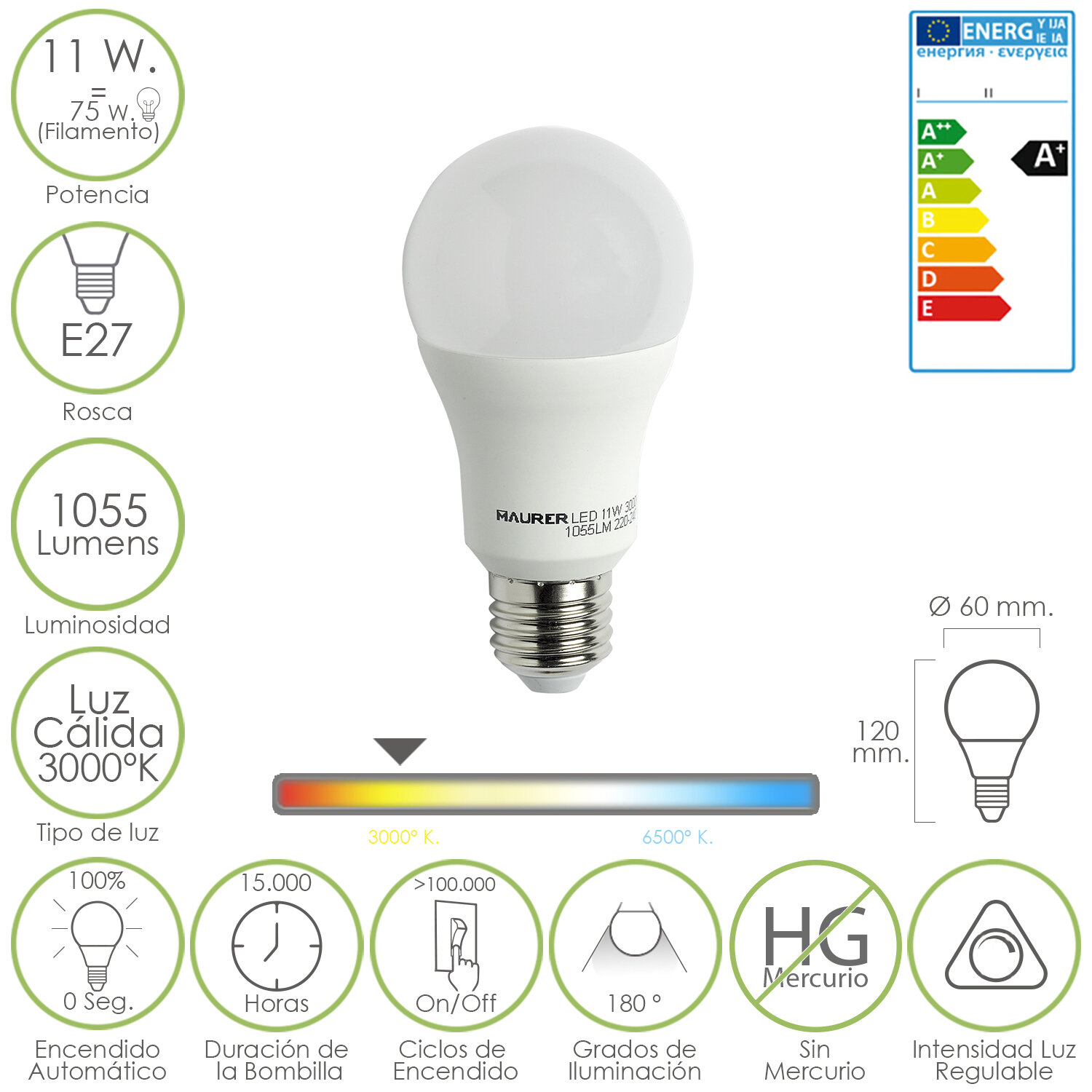 Bombilla Led Standar Regulable E27.  11 W. = 75 W. 1055  l�menes. Luz calida. (3000�K).