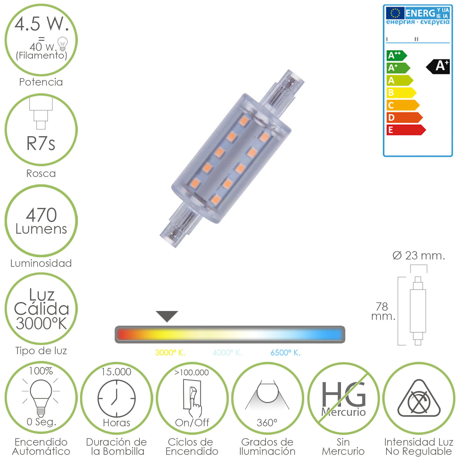 Bombilla / Lampara Lineal Led Rosca R7s 4,5 W. = 40 W.  450 Lumenes Luz C�lida (3000 � K.)