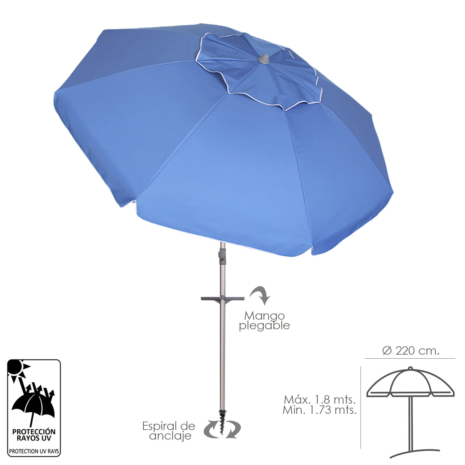 Sombrilla Playa Aluminio � 220 cm. con Mangos y Pincho/Espiral Protecci�n UV