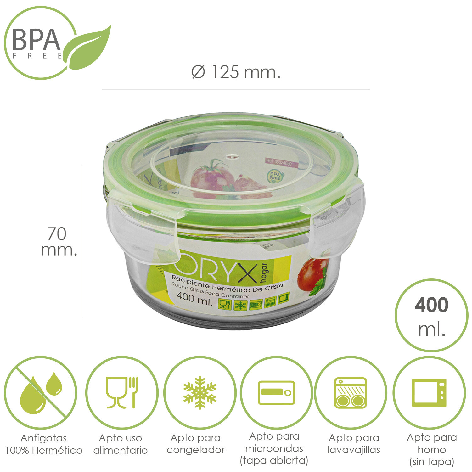 Recipiente Hermetico Cristal Redondo 400 ml. � 125 x 7 (alt) cm.