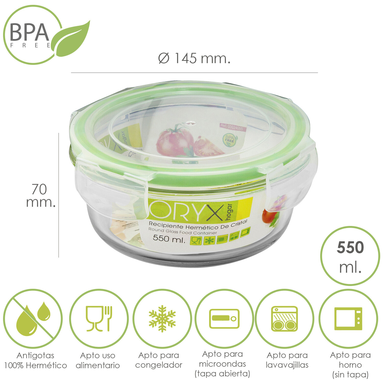 Recipiente Hermetico Cristal Redondo 550 ml. � 145 x 7 (alt) cm.