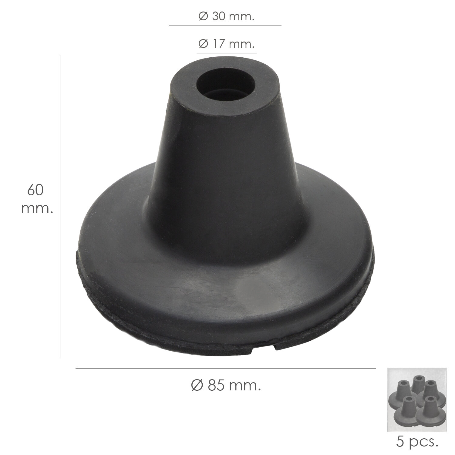 Taco Goma Baston Negro Tubo � 19 mm. / Base � 85 mm. Tipo Ventosa Bolsa 5 Unidades