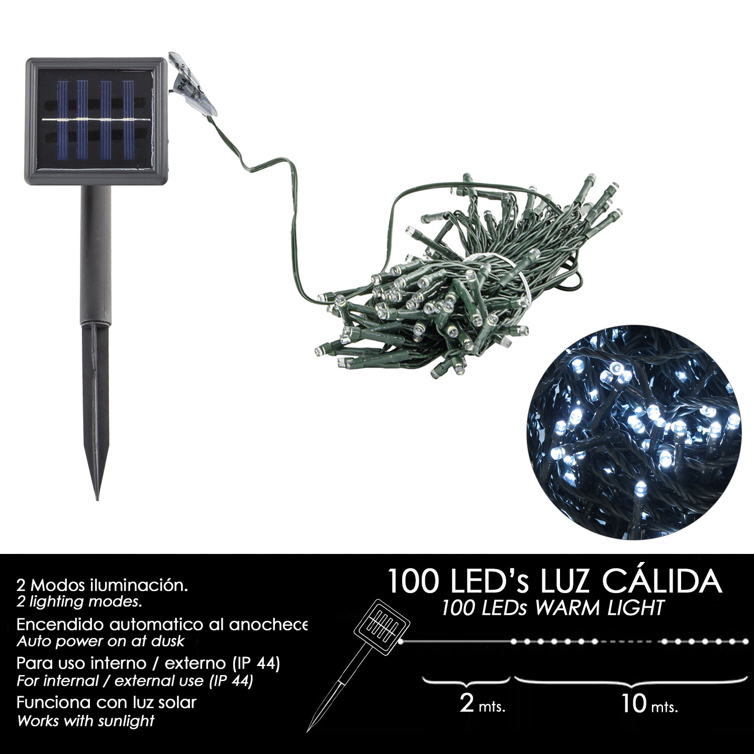 Luces Navidad Solar 100 Leds Luz Blanca Interior / Exterior (IP44)