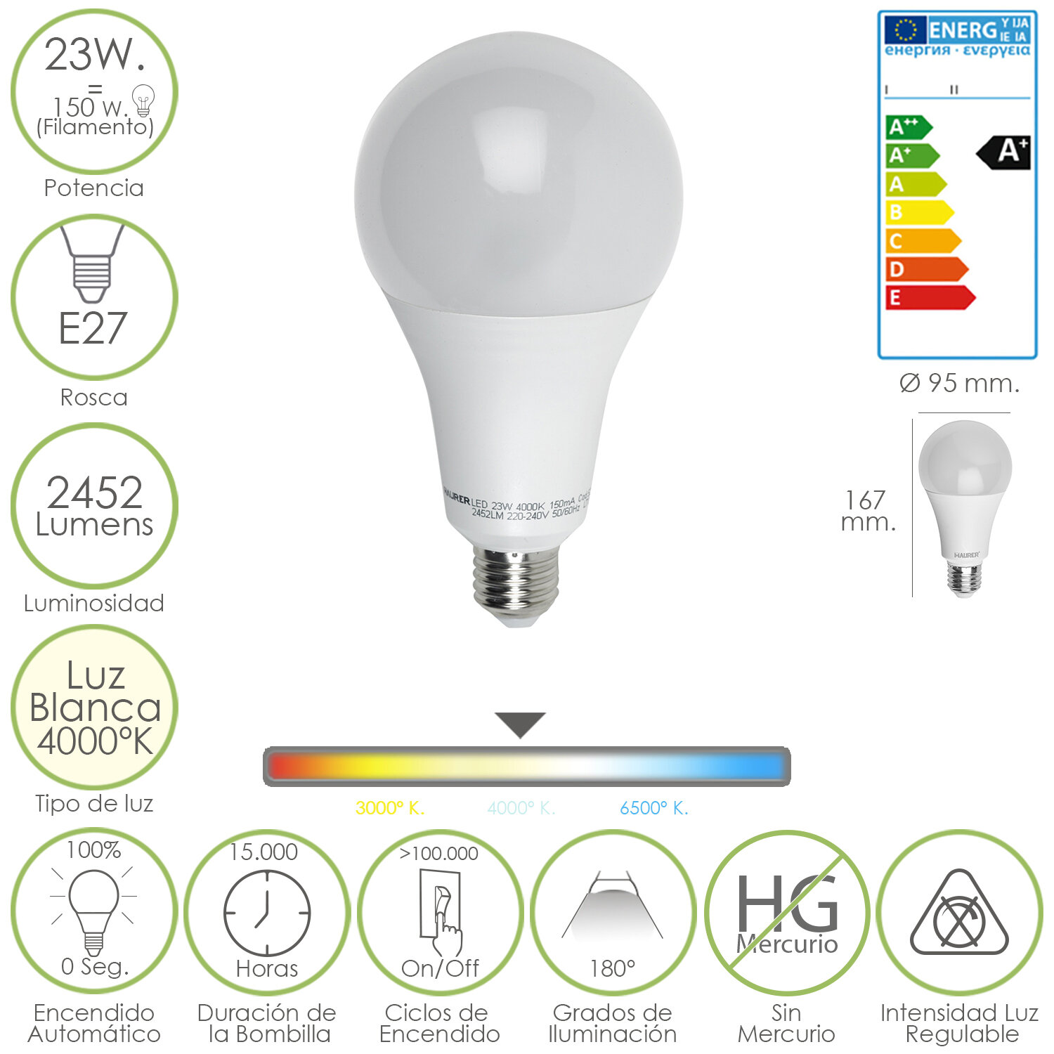 Bombilla Led Standar E27.  23 W. = 150 W. 2452 L�menes. Luz blanca (4000�K).