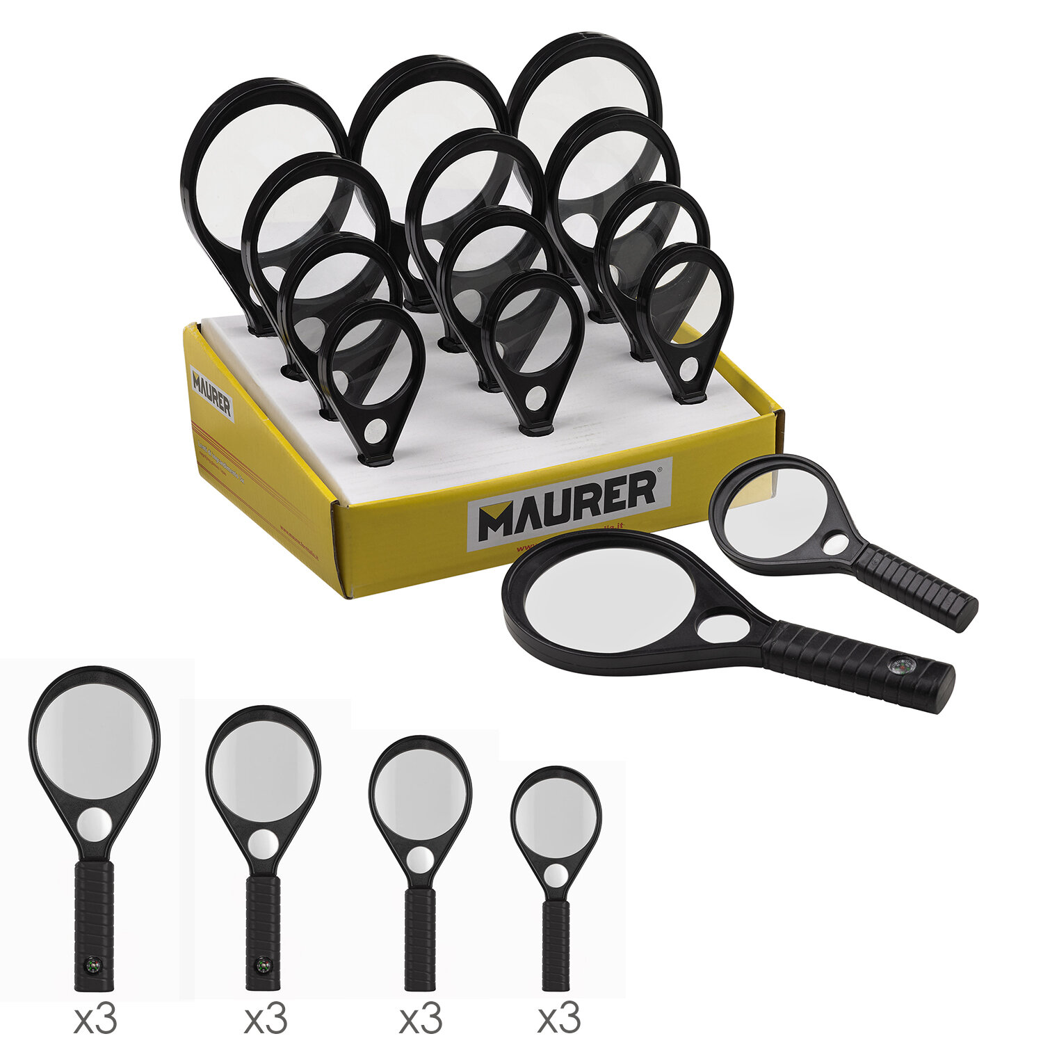 Expositor Lupas 12 piezas  Lente � 50, 60, 70, 85 mm.