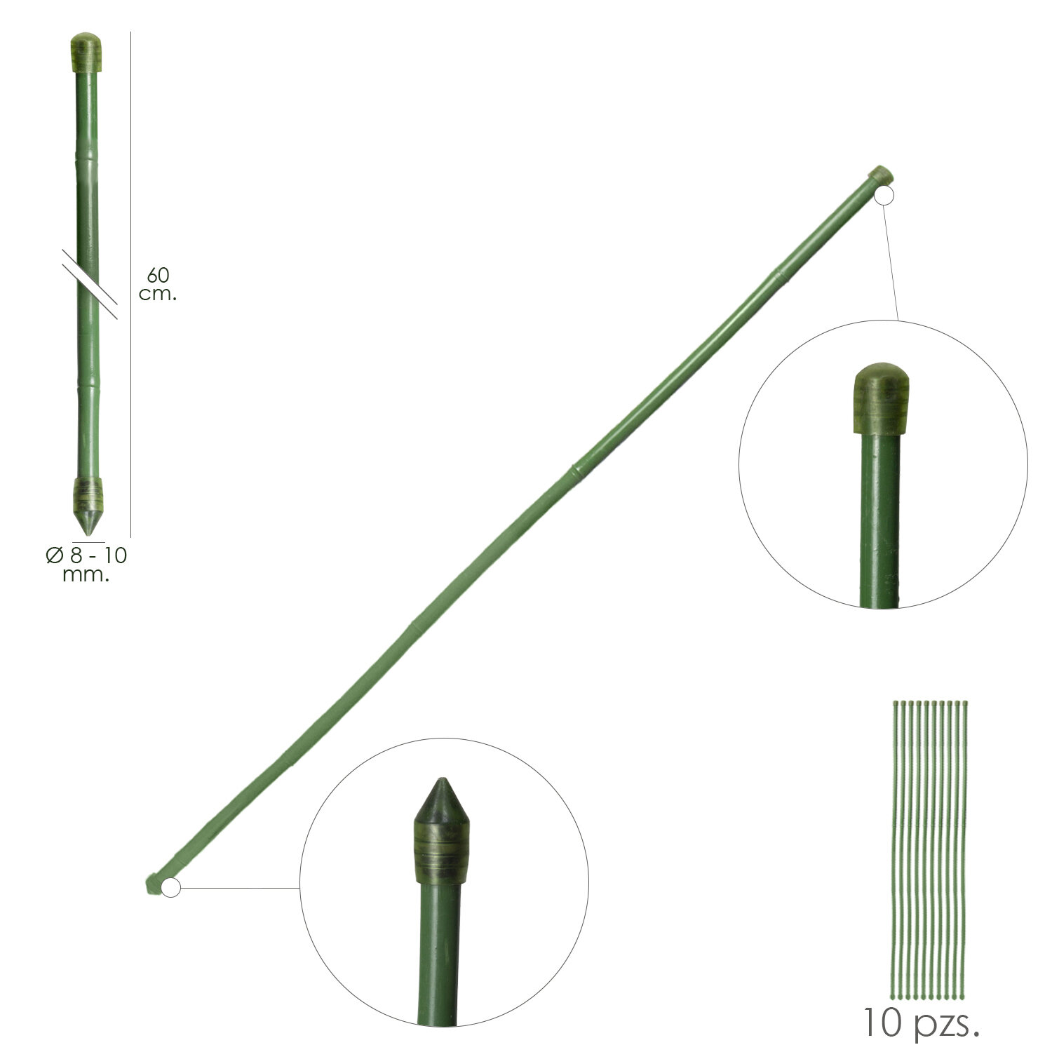 Tutor Varilla Bamb� Plastificado �  8  - 10 mm. x  60 cm. (Paquete 10 Unidades)