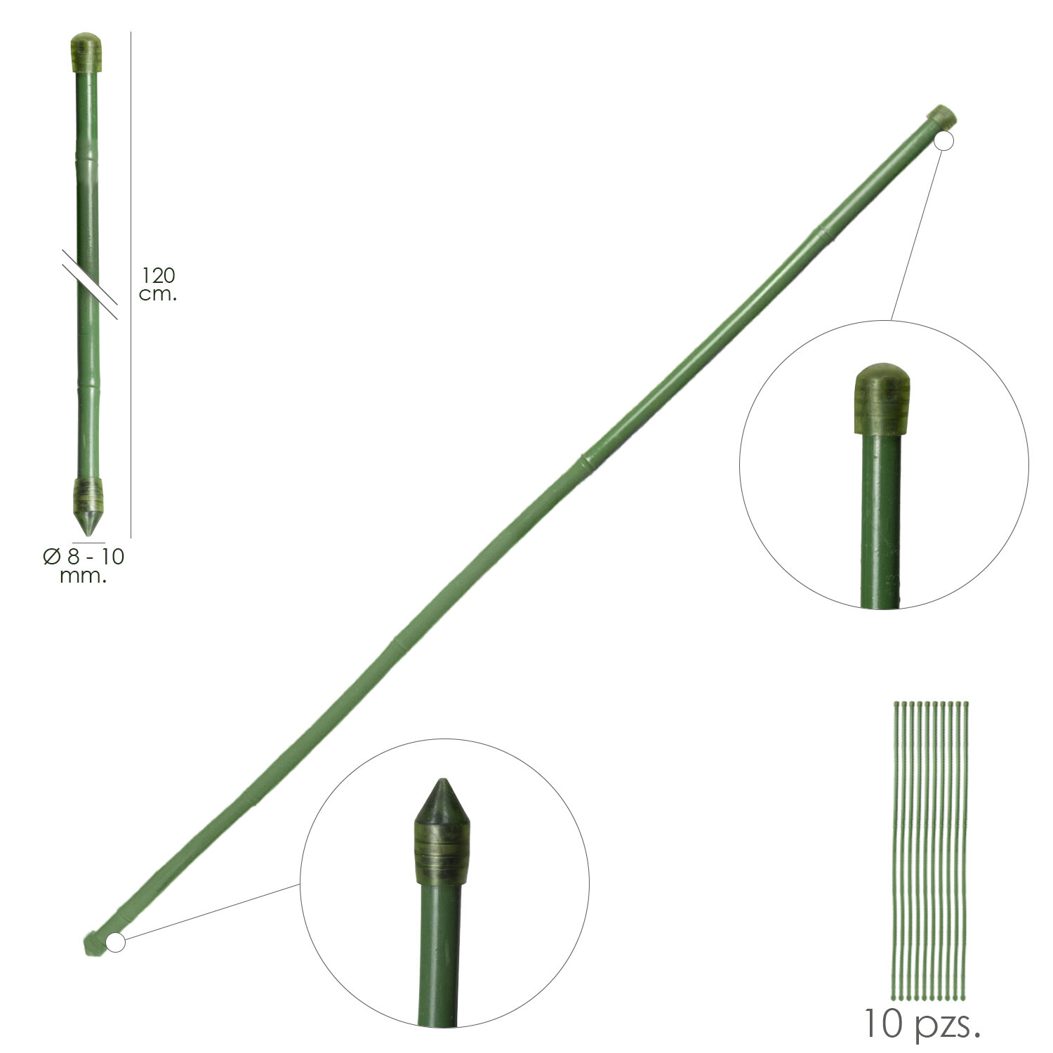 Tutor Varilla Bamb� Plastificado �  8  - 10 mm. x   120 cm. (Paquete 10 Unidades)
