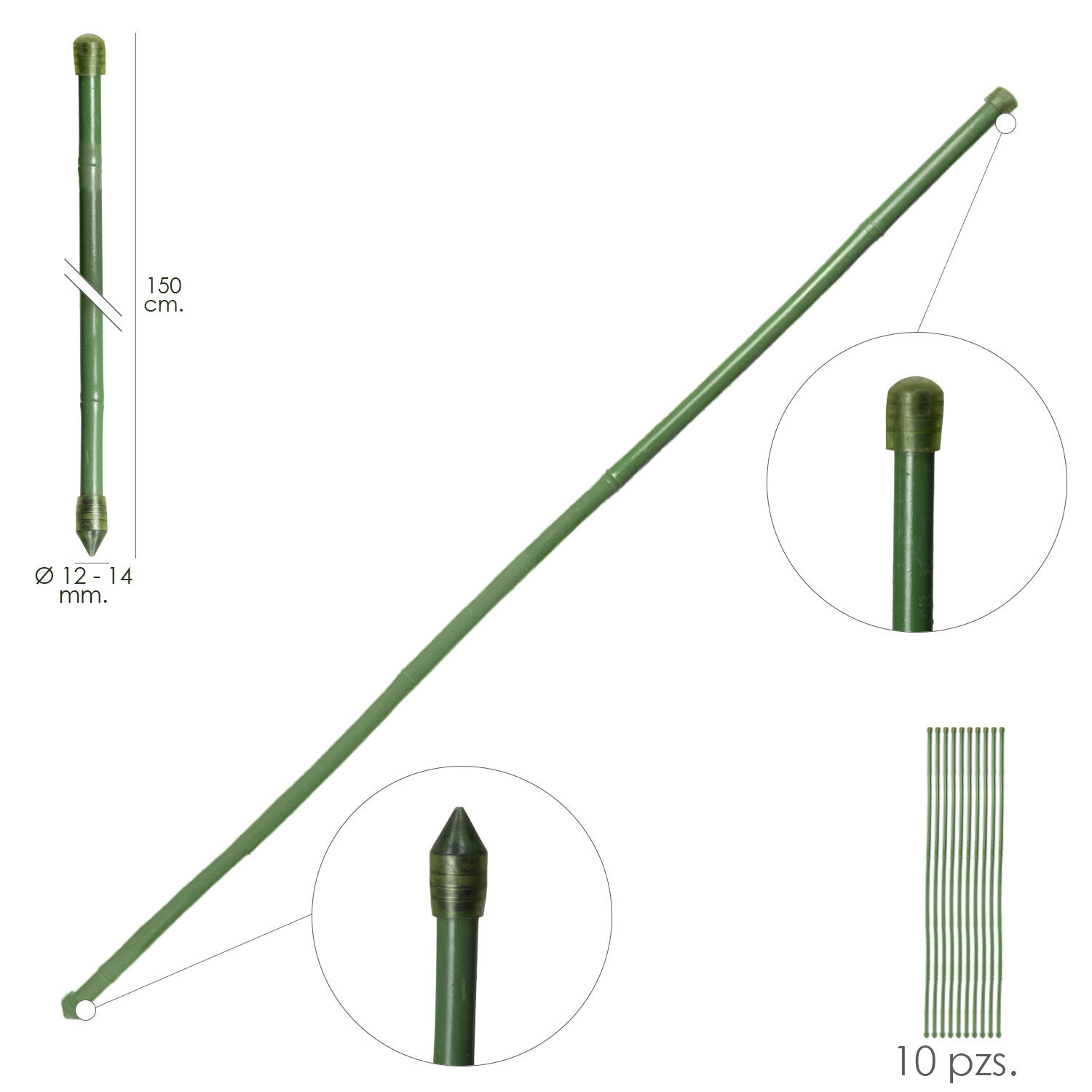 Tutor Varilla Bamb� Plastificado � 12  - 14 mm. x   150 cm. (Paquete 10 Unidades)