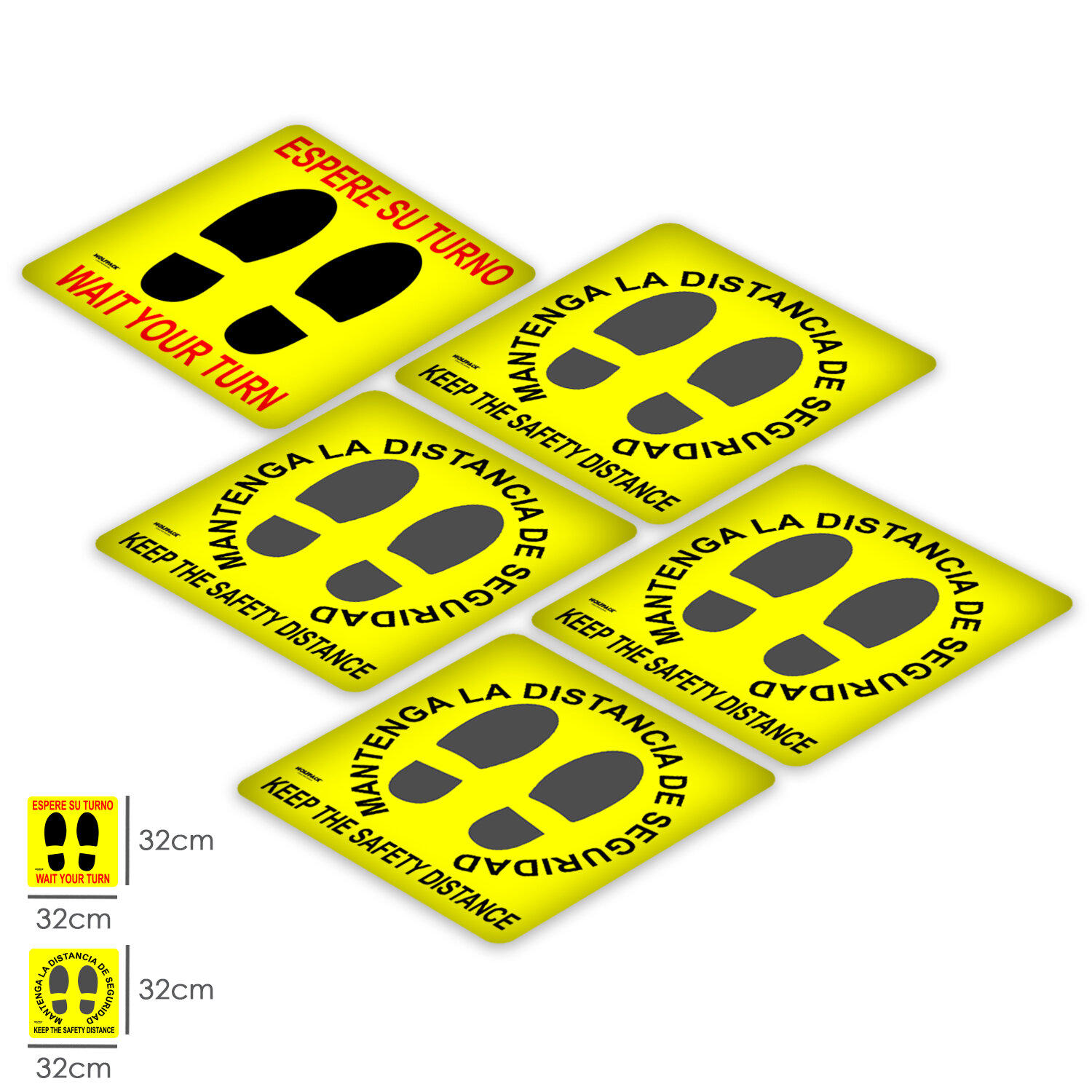 Rotulacion Suelo Distancia Seguridad y Turno. Pegatinas Se�alizacion. 5 Unidades Cuadradas, 32 x 32 cm.