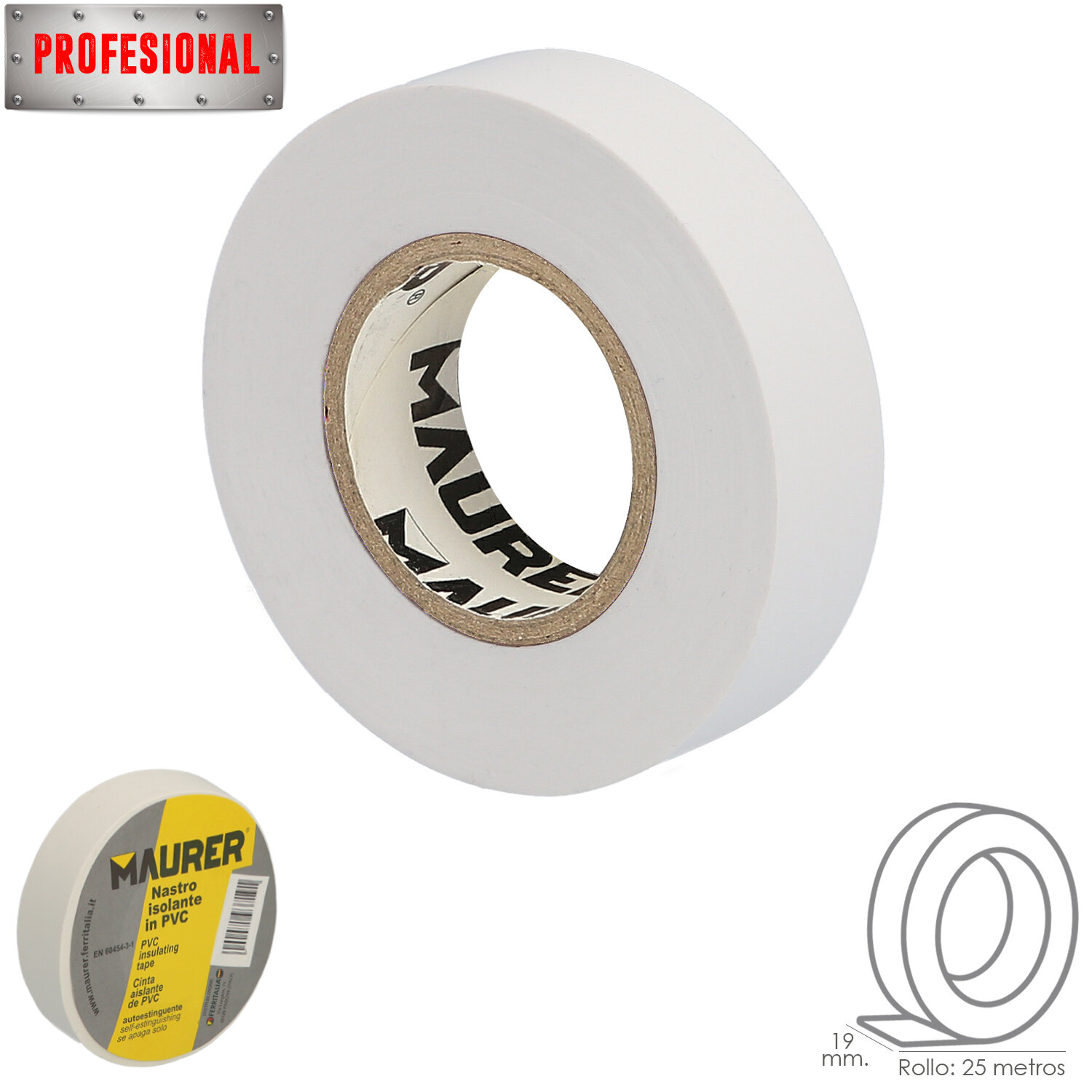 Cinta Aislante Profesional PVC 19 mm. x 25 metros x 0,13 mm espesor. Blanca.