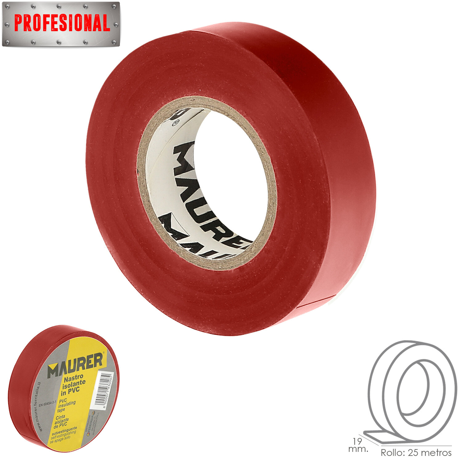 Cinta Aislante Profesional PVC  19 mm. x 25 metros x 0,13 mm espesor. Roja.