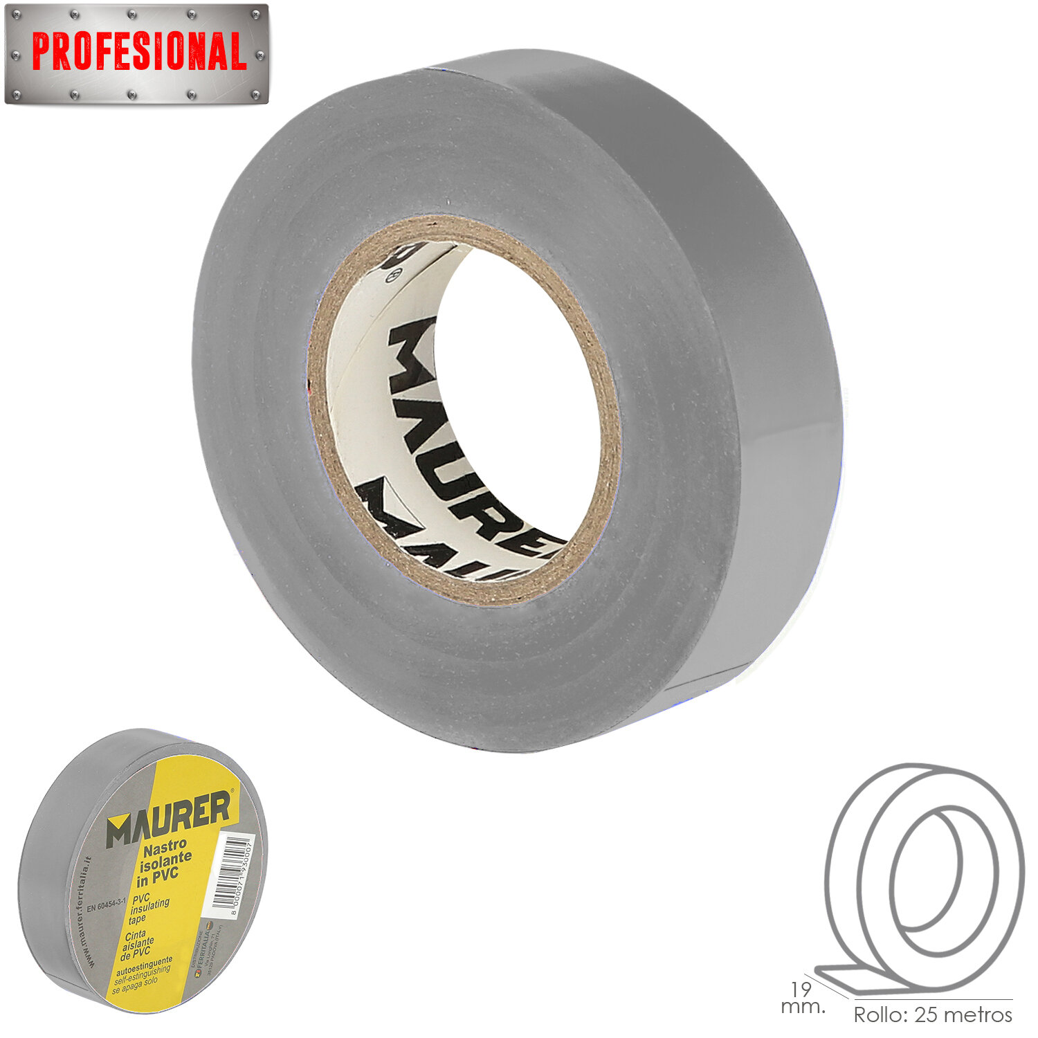 Cinta Aislante Profesional PVC 19 mm. x 25 metros x 0,13 mm espesor. Gris