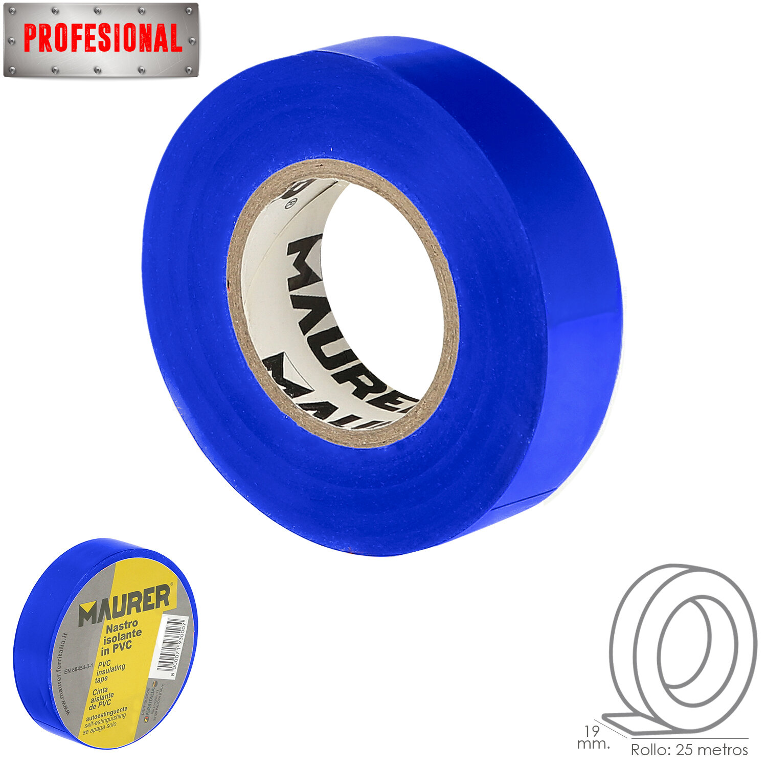 Cinta Aislante Profesional PVC 19 mm. x 25 metros x 0,13 mm espesor. Azul