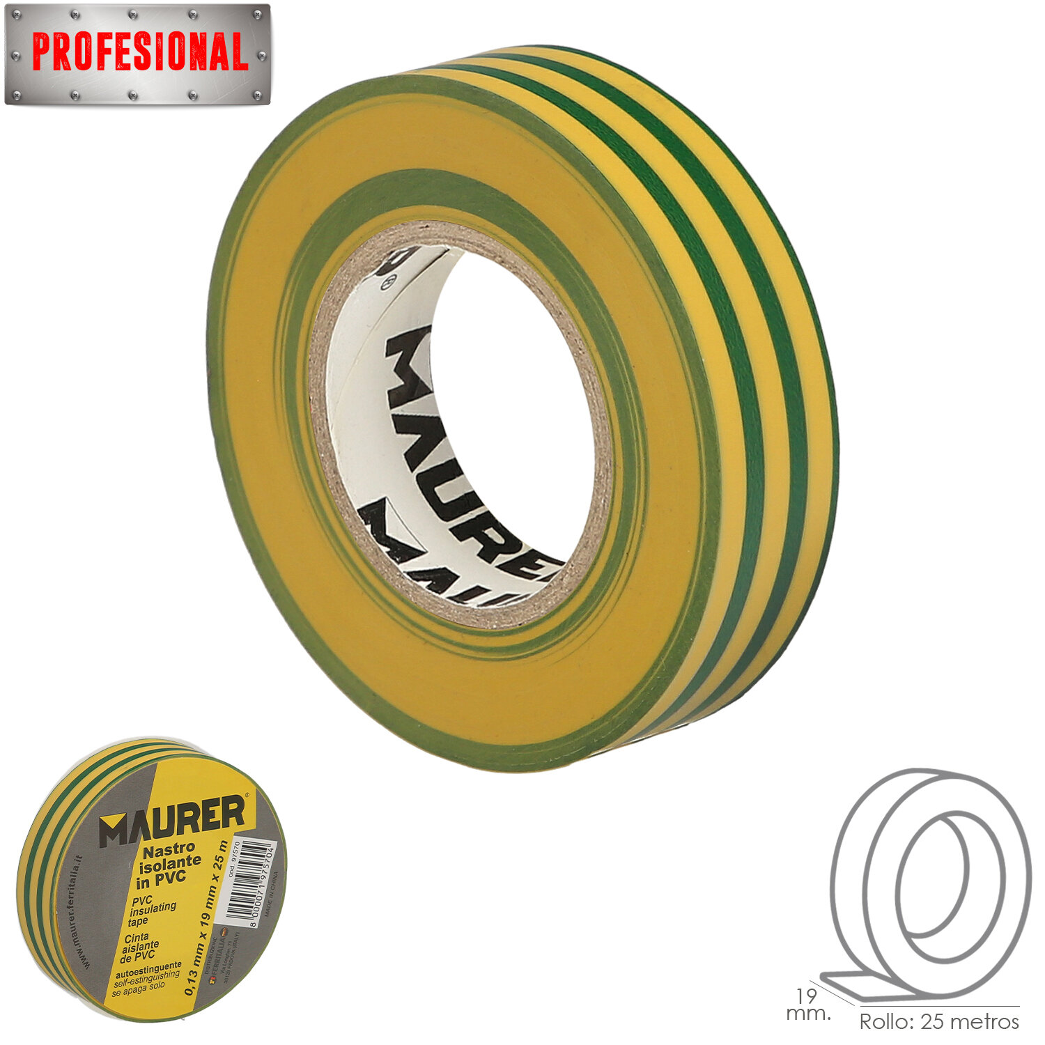 Cinta Aislante Profesional PVC 19 mm. x 25 metros x 0,13 mm espesor. Amarilla / Verde