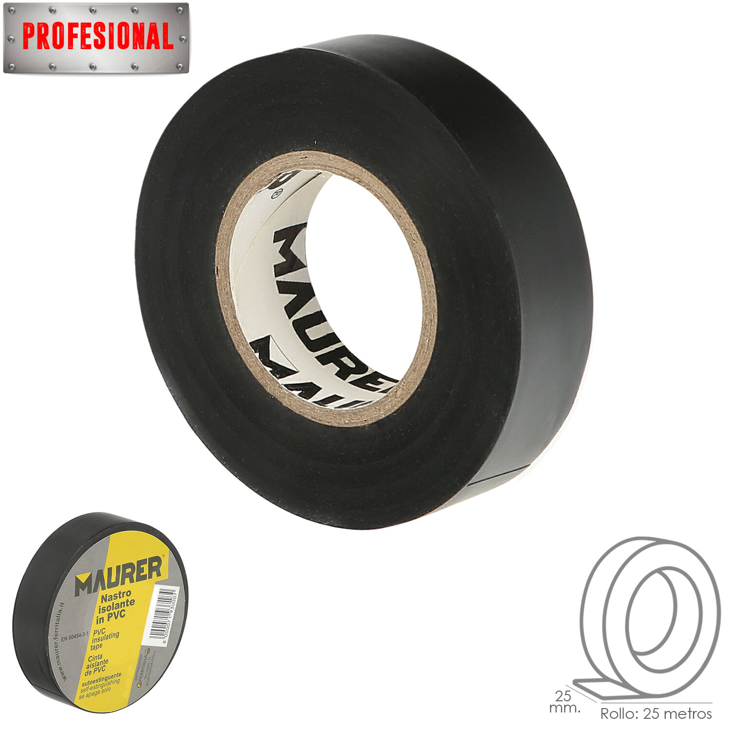 Cinta Aislante Profesional PVC 25 mm. x 25 metros x 0,13 mm espesor. Negra