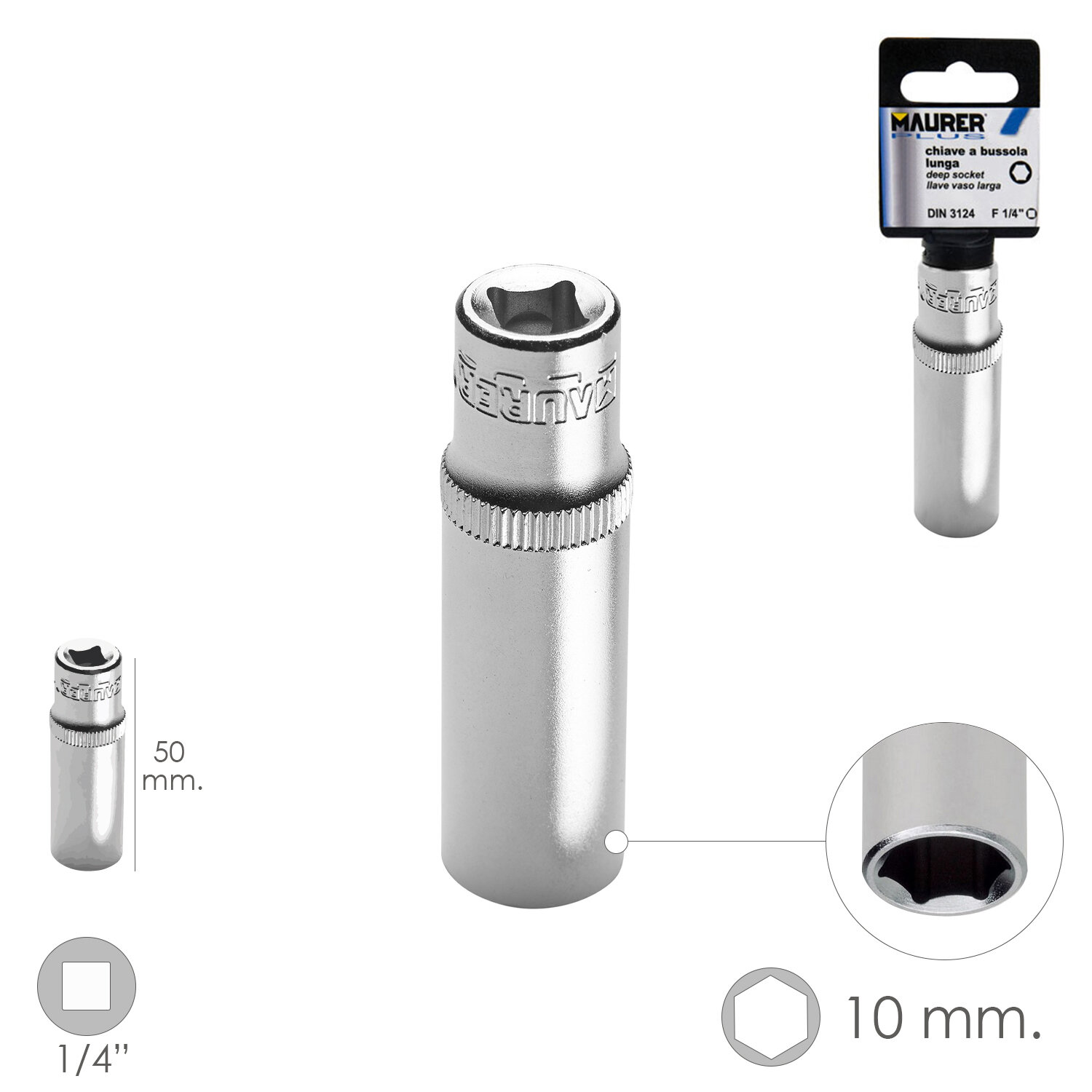LLave Vaso Larga 1/4" - 10 mm. Hexagonal. Longitud 50 mm. Acero Cromo Vanadio