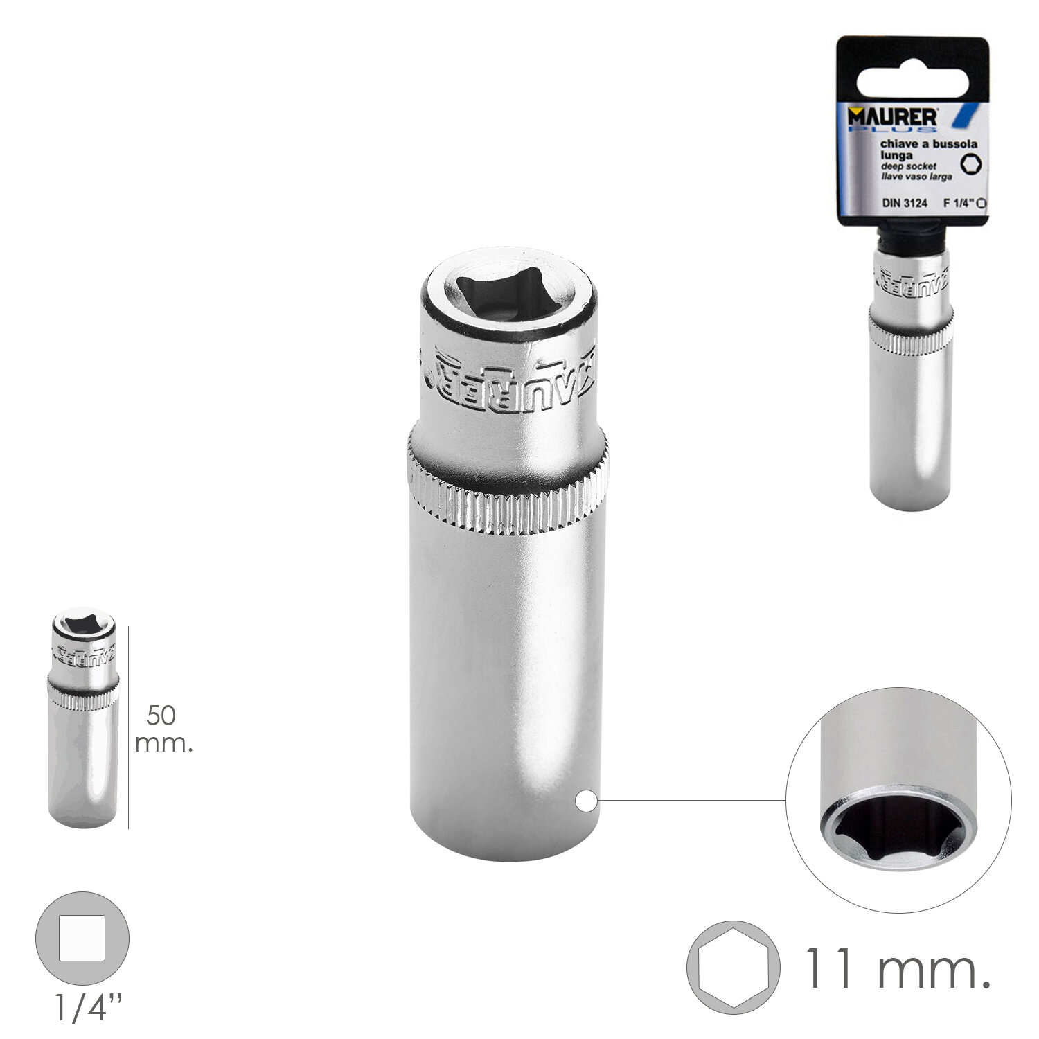 LLave Vaso Larga 1/4" - 11 mm. Hexagonal. Longitud 50 mm. Acero Cromo Vanadio