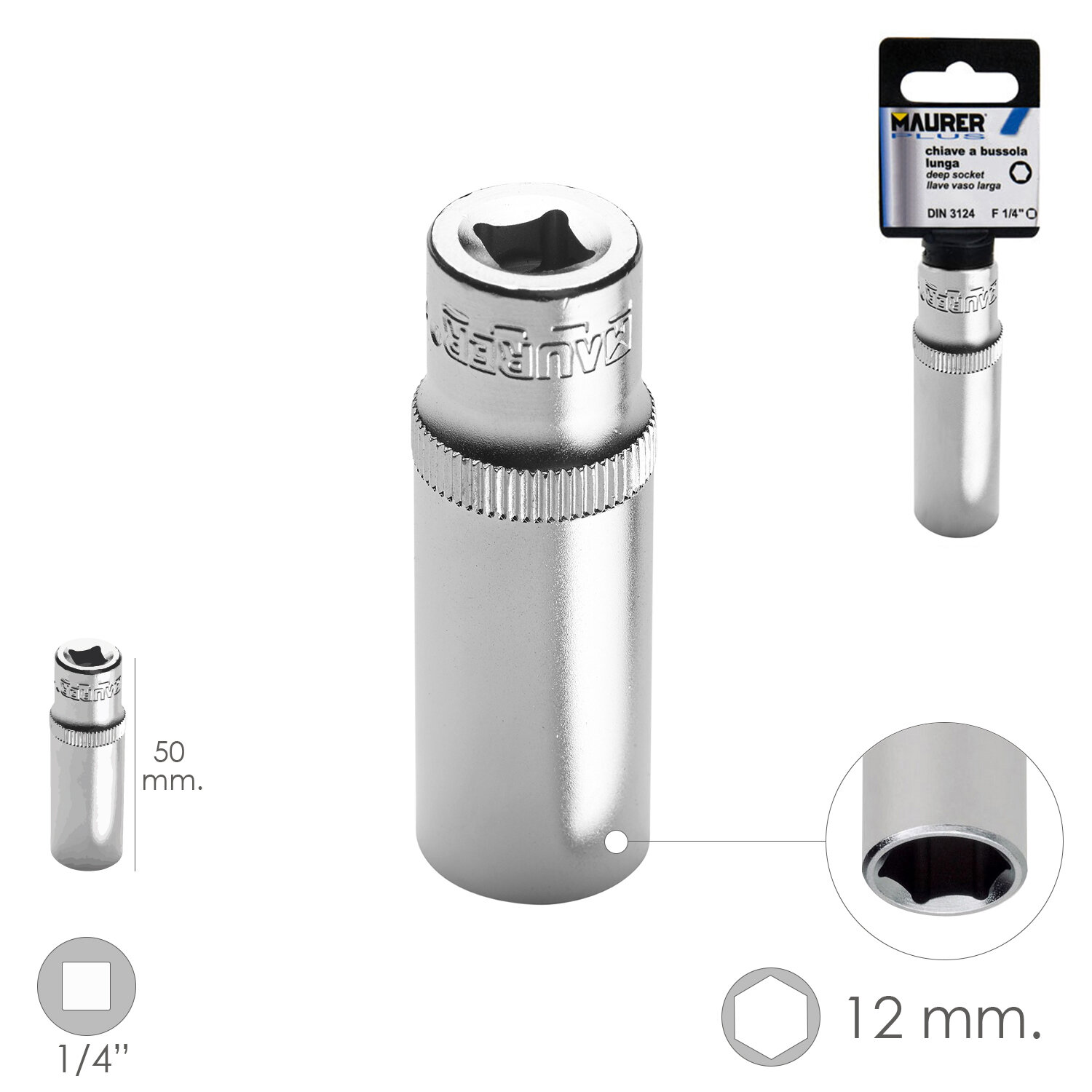 LLave Vaso Larga 1/4" - 12 mm. Hexagonal. Longitud 50 mm. Acero Cromo Vanadio