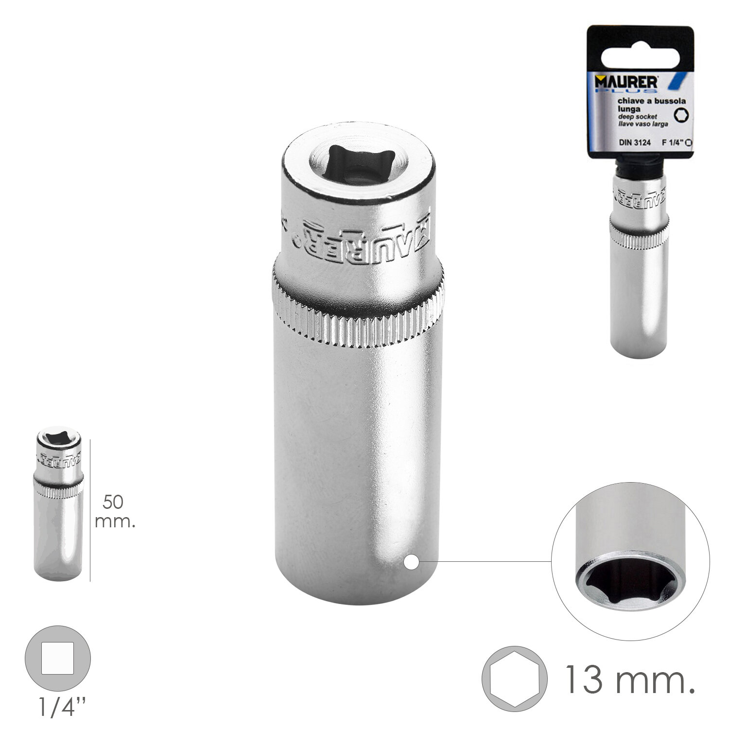 LLave Vaso Larga 1/4" - 13 mm. Hexagonal. Longitud 50 mm. Acero Cromo Vanadio