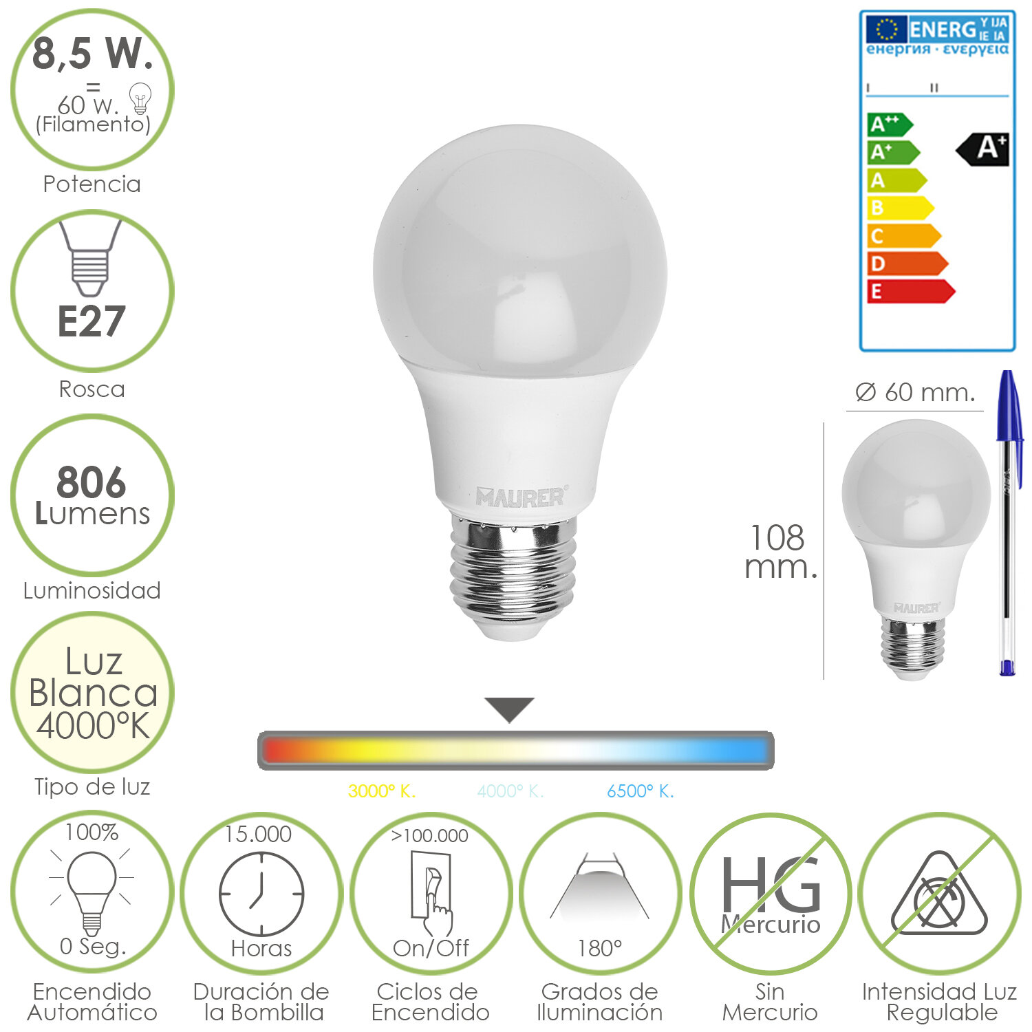 Bombilla Led Standar Rosca E27 8,5 Watt. Equivale a 60 Watt.806 Lumenes. Luz blanca (4000� K)