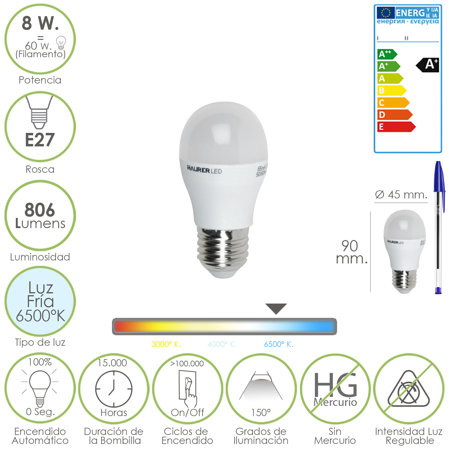 Bombilla Led Globo Mini Rosca E27. 8 Watt. Equivale A 60 Watt. 806 Lumenes. Luz Fria (6500� K.)