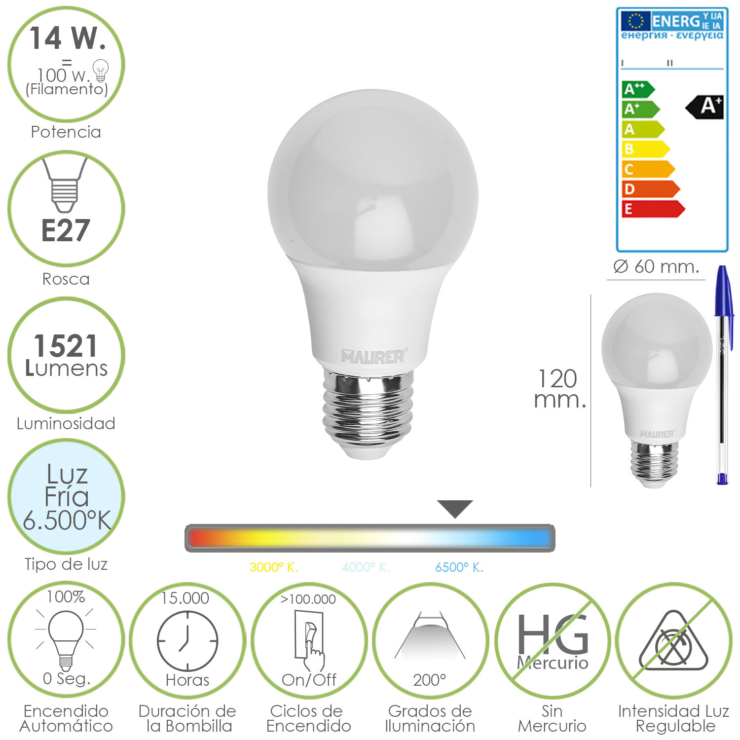 Bombilla Led Standar Rosca E27 14 Watt. Equivale a 100 Watt. 1521 Lumenes. Luz fr�a (6.500� K)