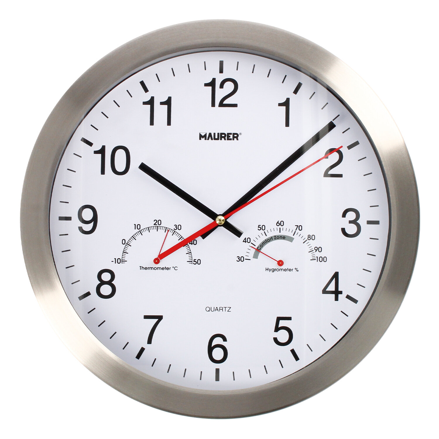 Reloj De Pared � 30 cm. Frontal En Acero Con Higrometro y Termometro.