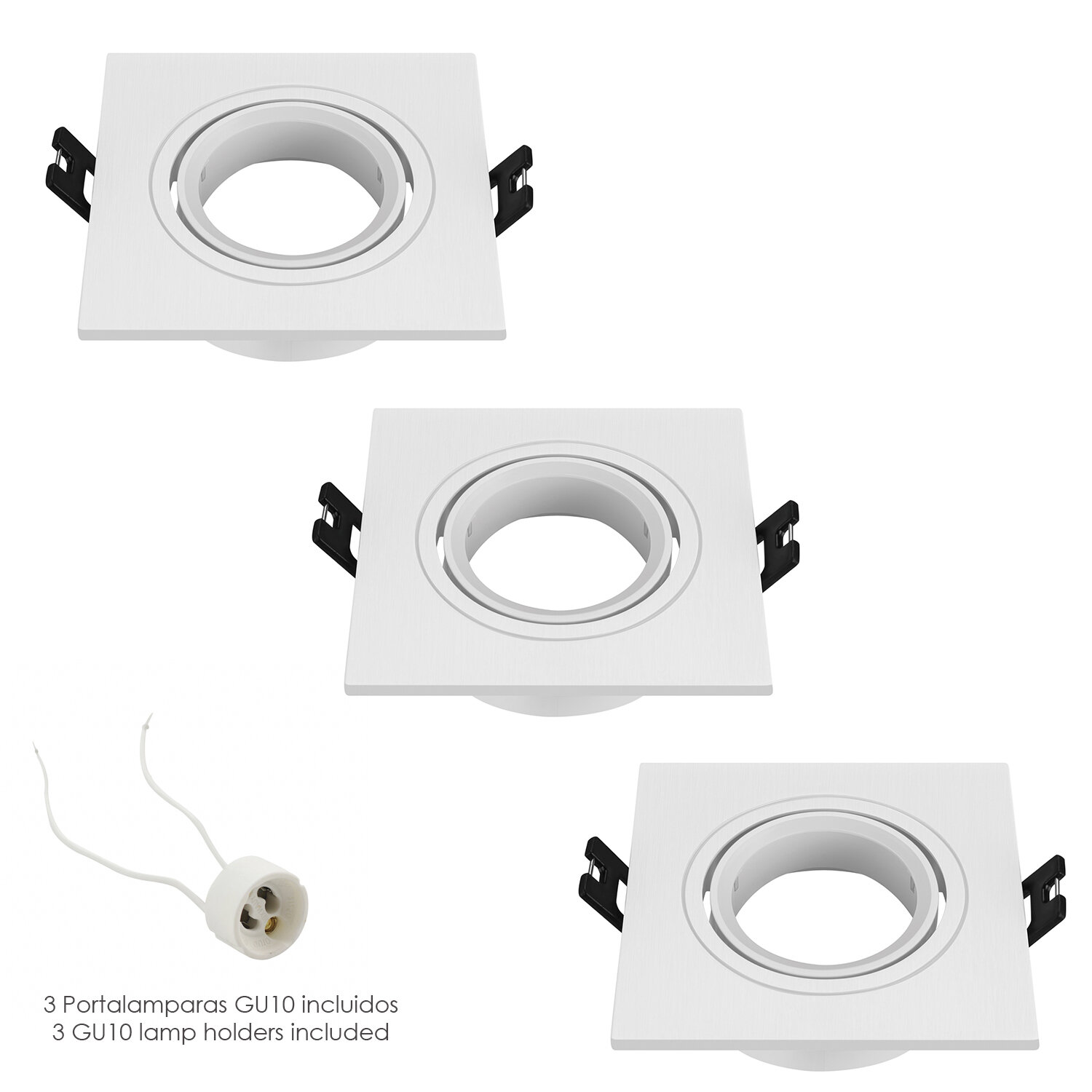 Aro Foco Empotrable Regulable Con Portalamparas GU10. 93 x 93 x 25 mm. Bombilla vista. Pack de 3 unidades