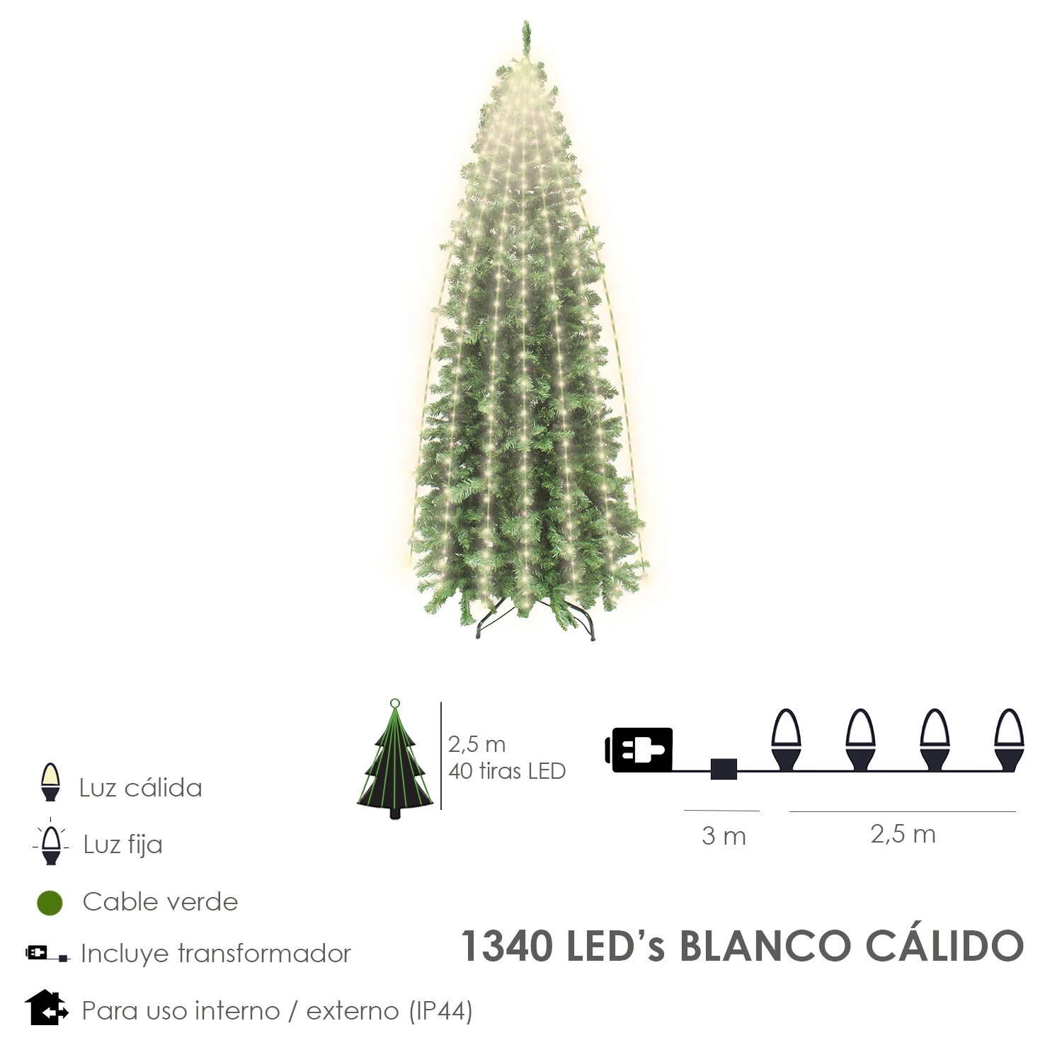 Luces Navidad 1340 Leds Cascada Cubrearbol Blanco Calido. Ip44