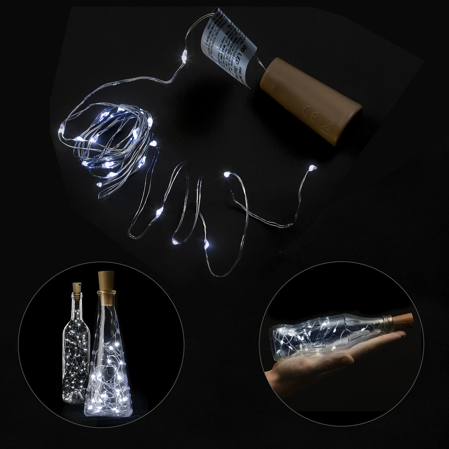 Luces Navidad Led Con Tapon 20 Microled Blanco Frio IP20. A Pilas 3 LR44 (Si Incluidas)