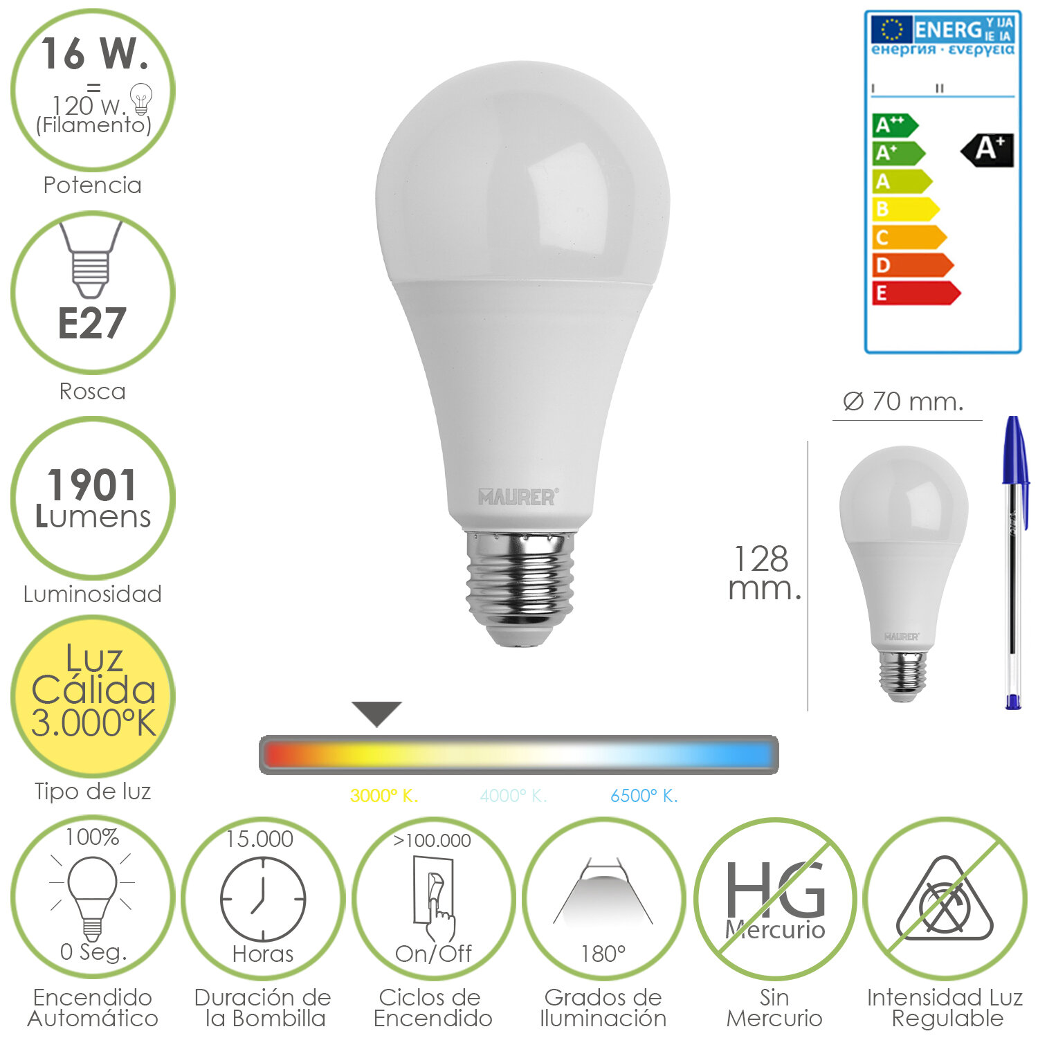 Bombilla Led Standar Rosca E27 16 Watt. Equivale a 120 Watt. 1901 Lumenes. Luz c�lida (3.000� K)