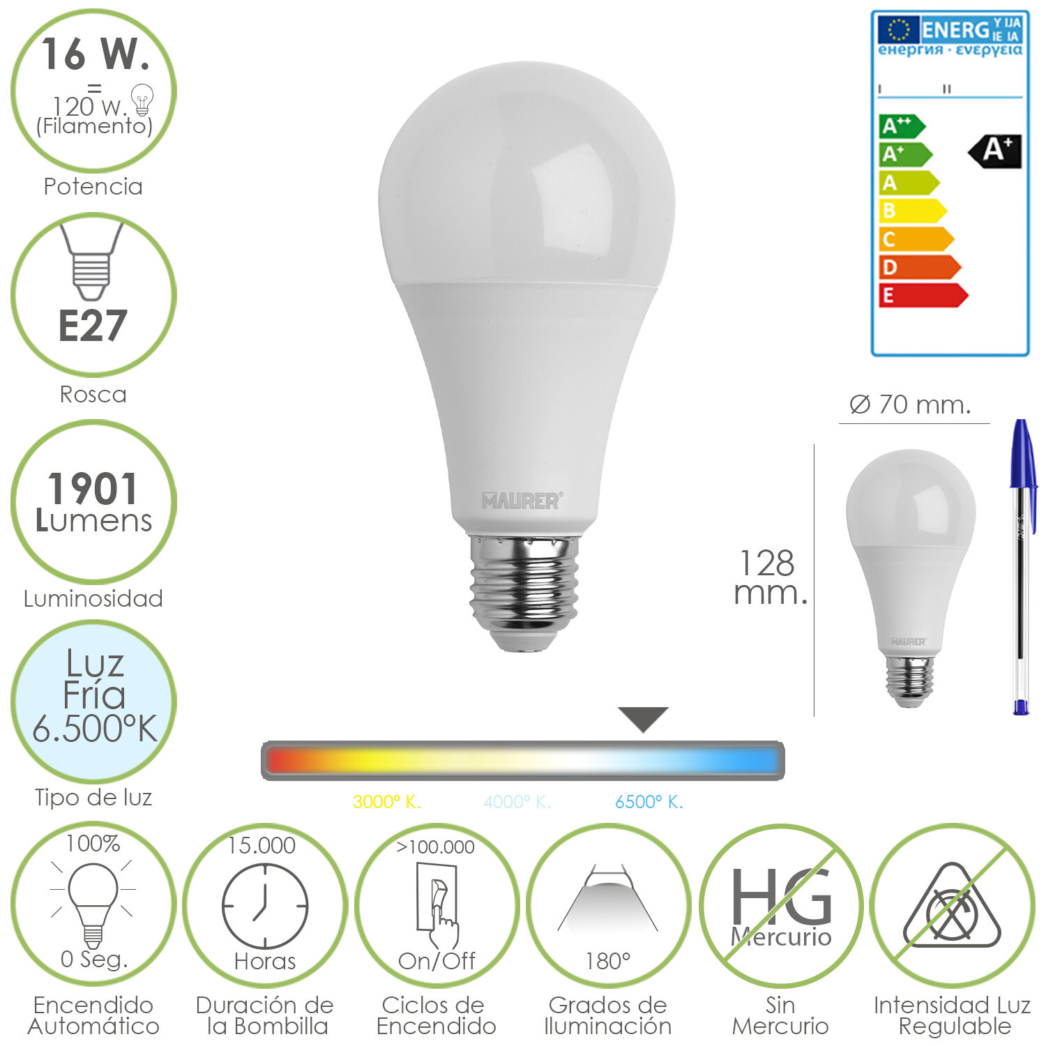 Bombilla Led Standar Rosca E27 16 Watt. Equivale a 120 Watt. 1901 Lumenes. Luz Fr�a (6.500� K)