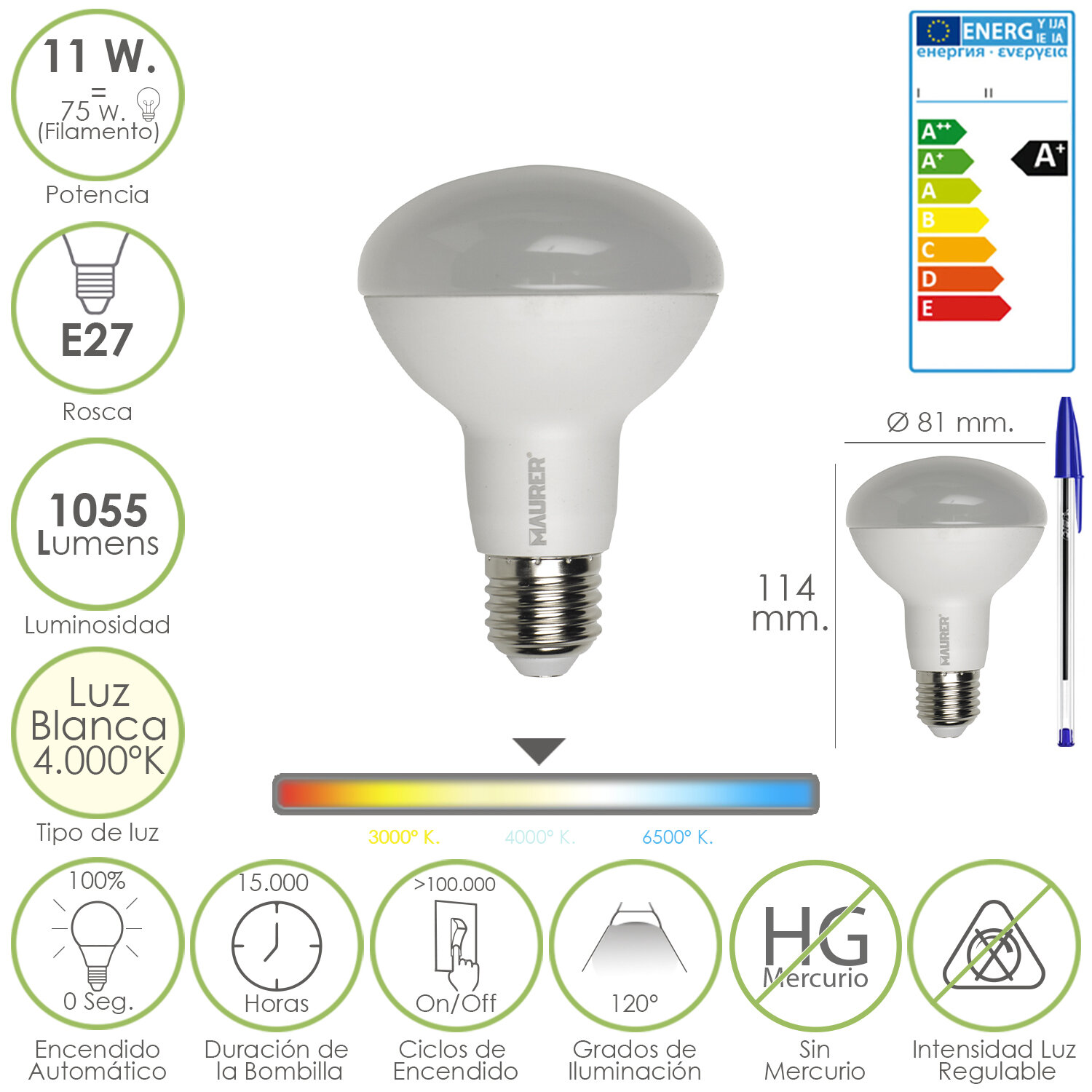 Bombilla Led Reflectante Rosca E27 11 Watt. Equivale a 75 Watt. 1055 Lumenes. Luz Blanca (4.000� K)