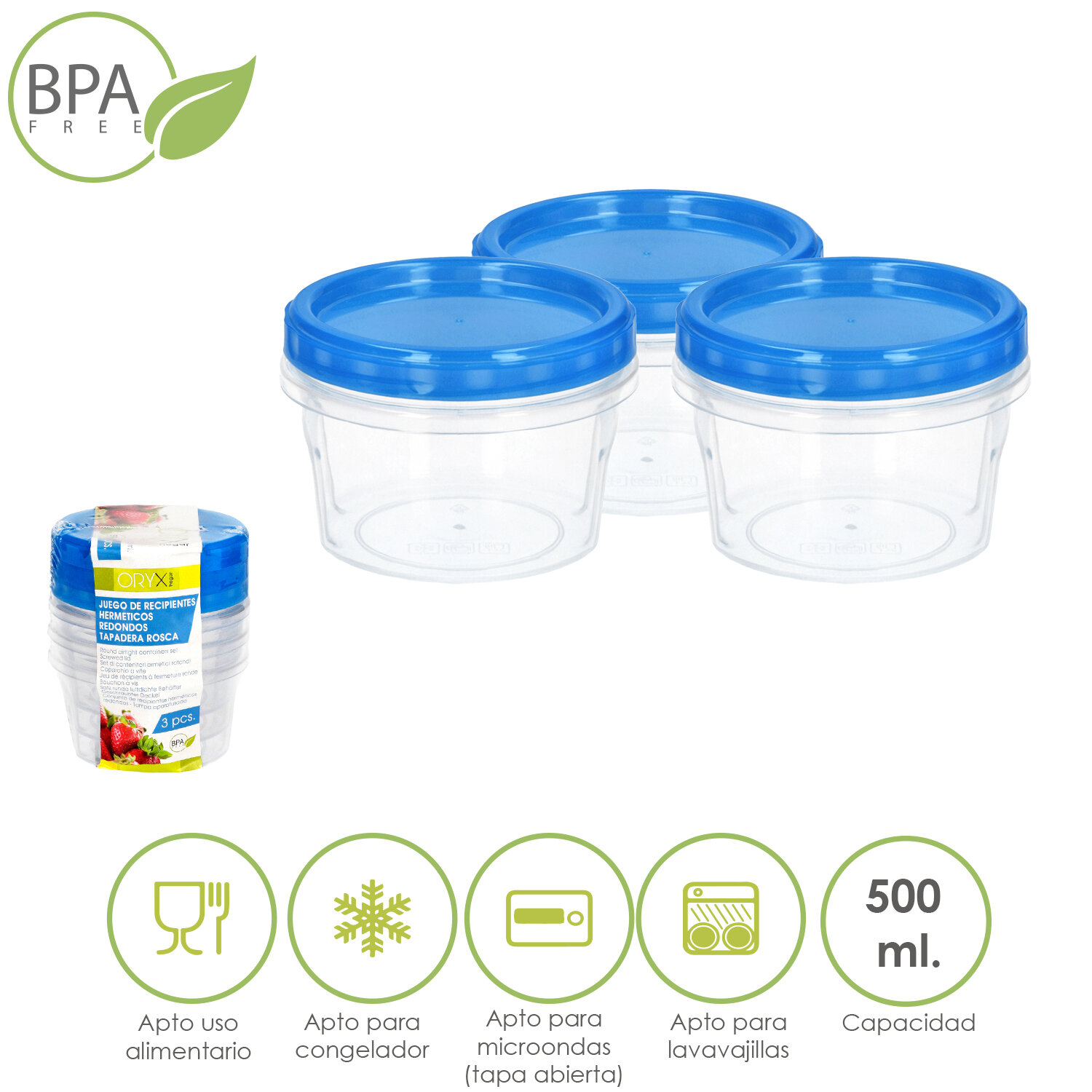Juego Recipientes Plastico Redondos 500 ml. (3 piezas)