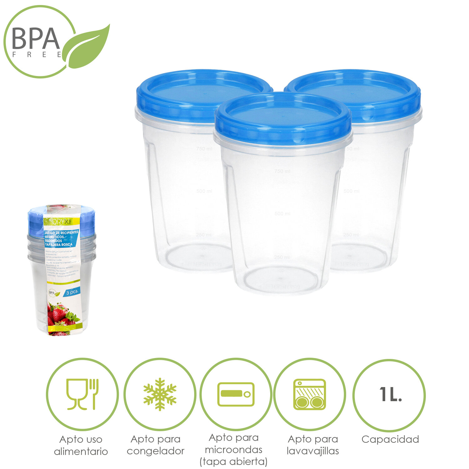 Juego Recipientes Plastico Redondos 1 Litro (3 piezas)