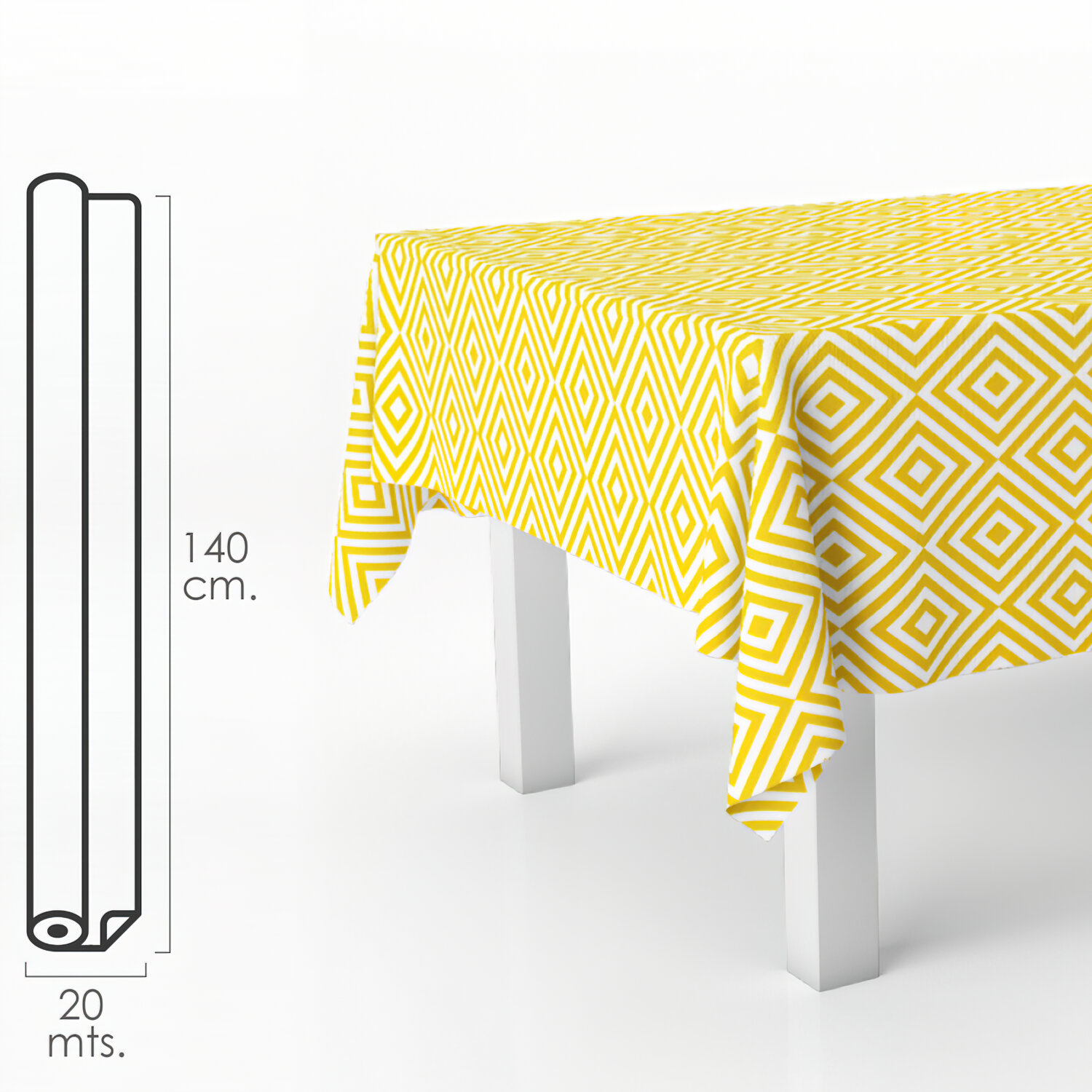 Mantel Antimanchas Hule Rollo 140 cm. x 20 Metros. Rombos Amarillos