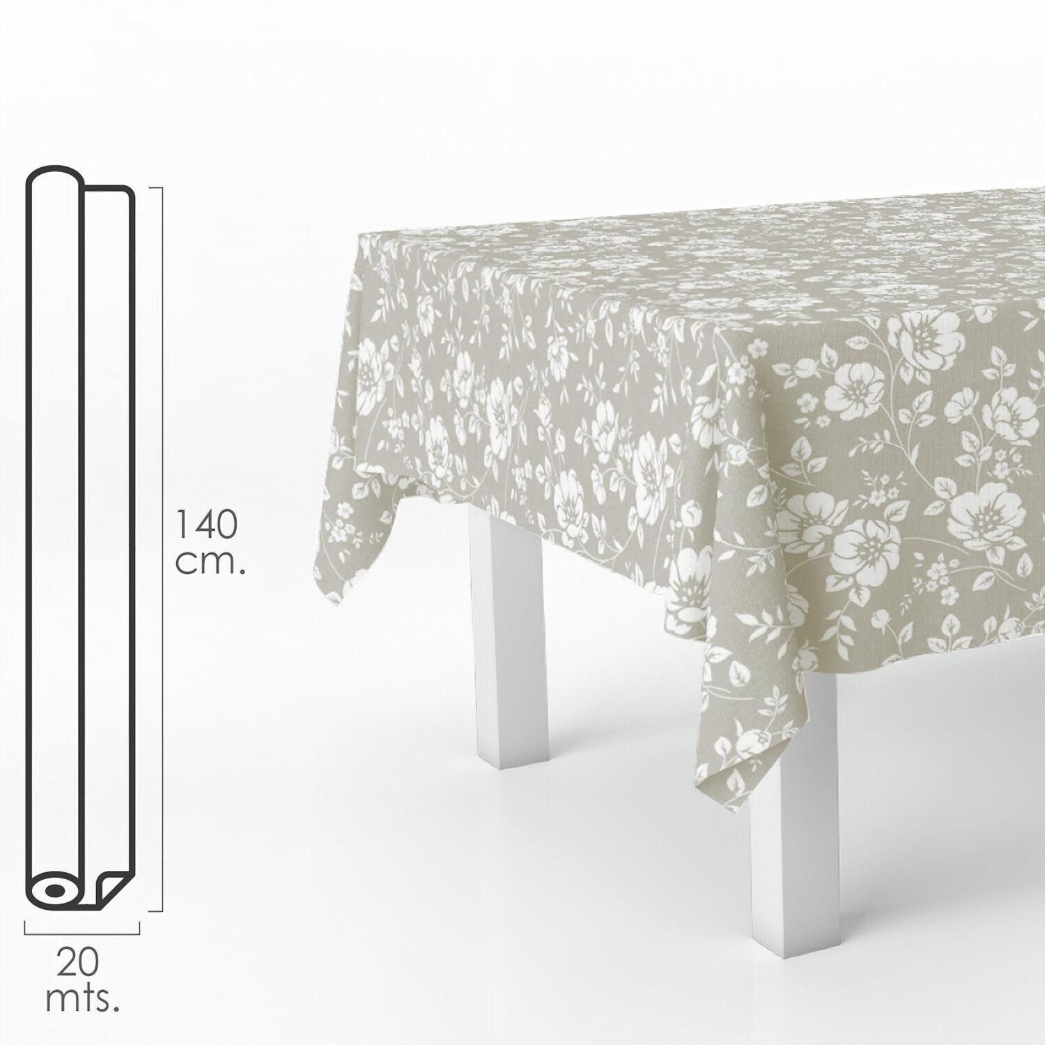 Mantel Antimanchas Hule Rollo 140 cm. x 20 metros. Flores Blancas