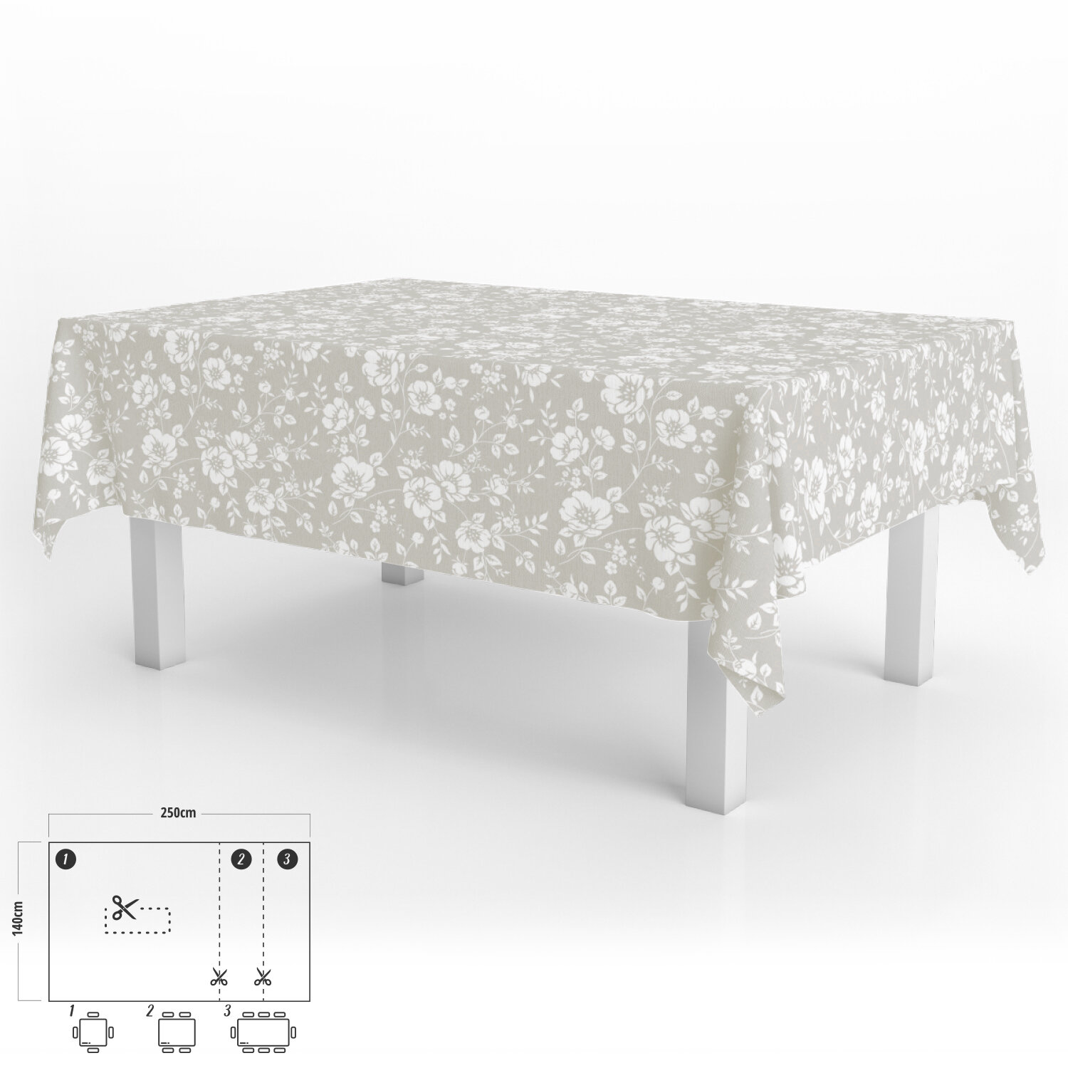 Mantel Antimanchas Hule Rectangular 140 x 250 cm. Flores Blancas